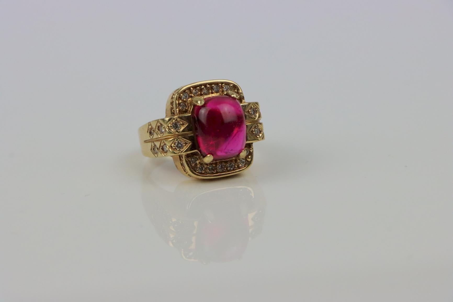 Vintage GIA Certified 14K Gold Rubellite Tourmaline & Diamond Ring For Sale 5