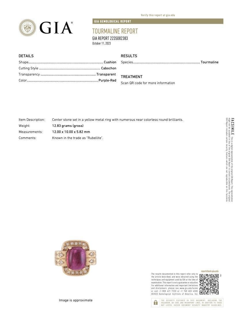 Vintage GIA Certified 14K Gold Rubelite Tourmaline & Diamond Ring 
Accompanied by GIA Report #2235082383 

Approximate Dimensions:
8 (Ring Size) x 1.8 cm (Width) 
12.8 grams in weight