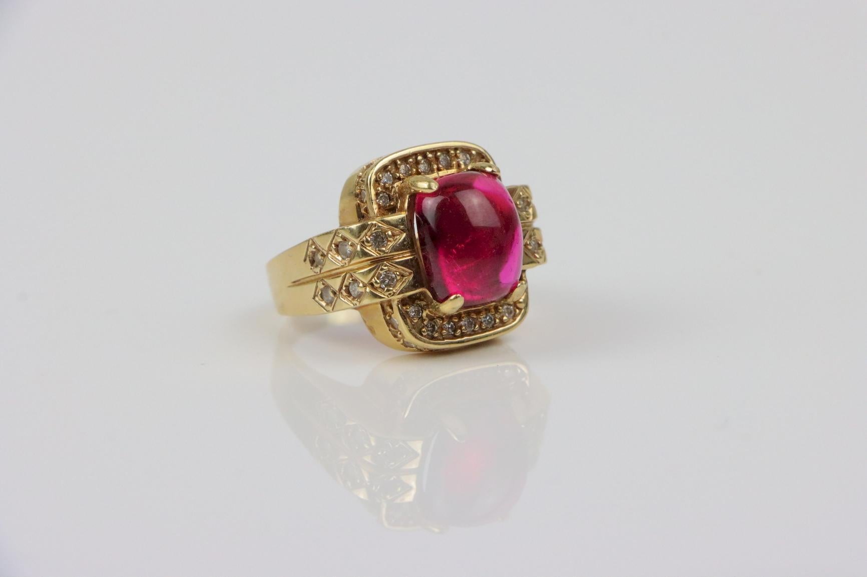 Vintage GIA Certified 14K Gold Rubellite Tourmaline & Diamond Ring For Sale 4