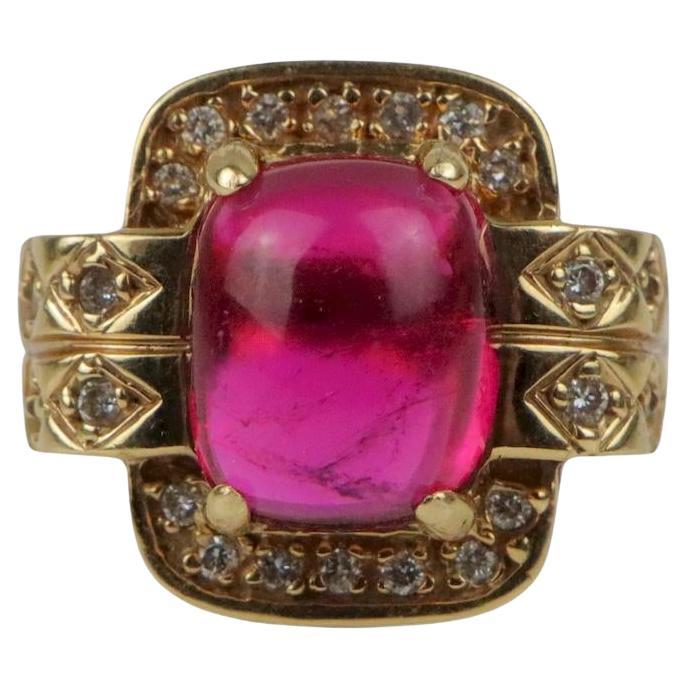 Vintage GIA Certified 14K Gold Rubellite Tourmaline & Diamond Ring