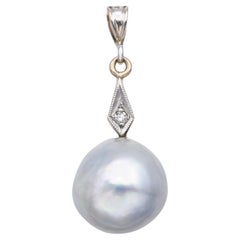 Pendentif vintage en or blanc 14k certifié GIA avec diamant et perle de culture d'Akoya