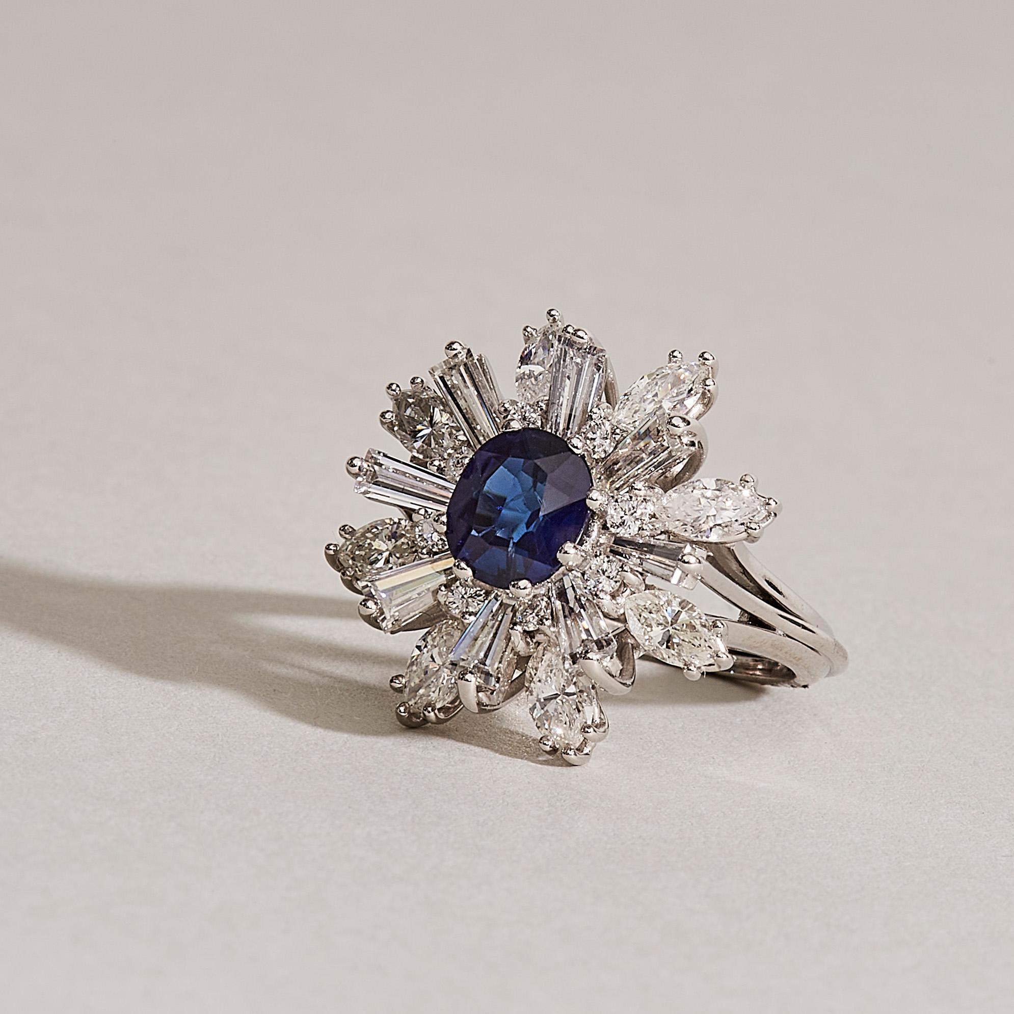 Vintage GIA Certified 1.61 Ct. Sapphire Center Ballerina Ring in Platinum For Sale 1