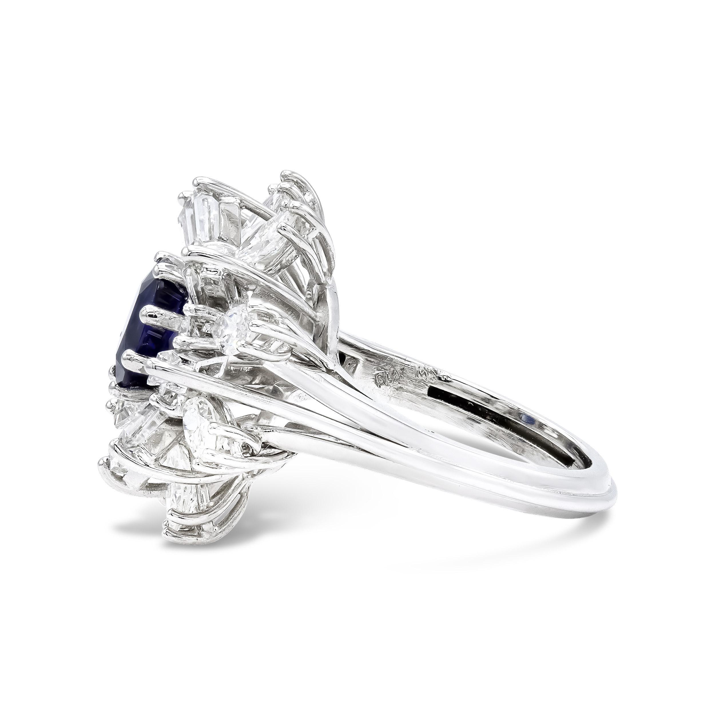 Oval Cut Vintage GIA Certified 1.61 Ct. Sapphire Center Ballerina Ring in Platinum For Sale