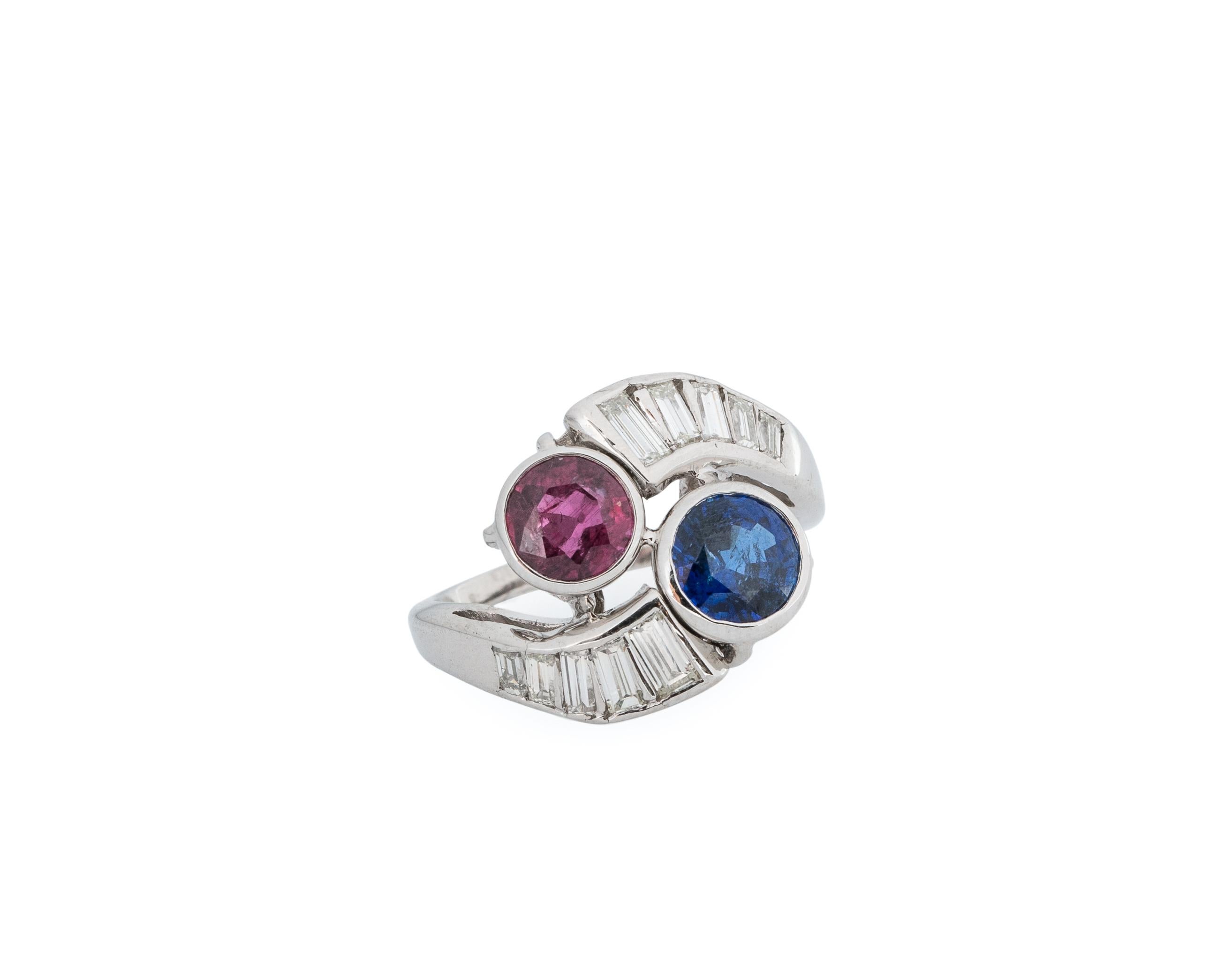 Modern GIA Certified 1.64 Carat Sapphire 1.28 Carat Ruby and Diamond Cocktail Ring