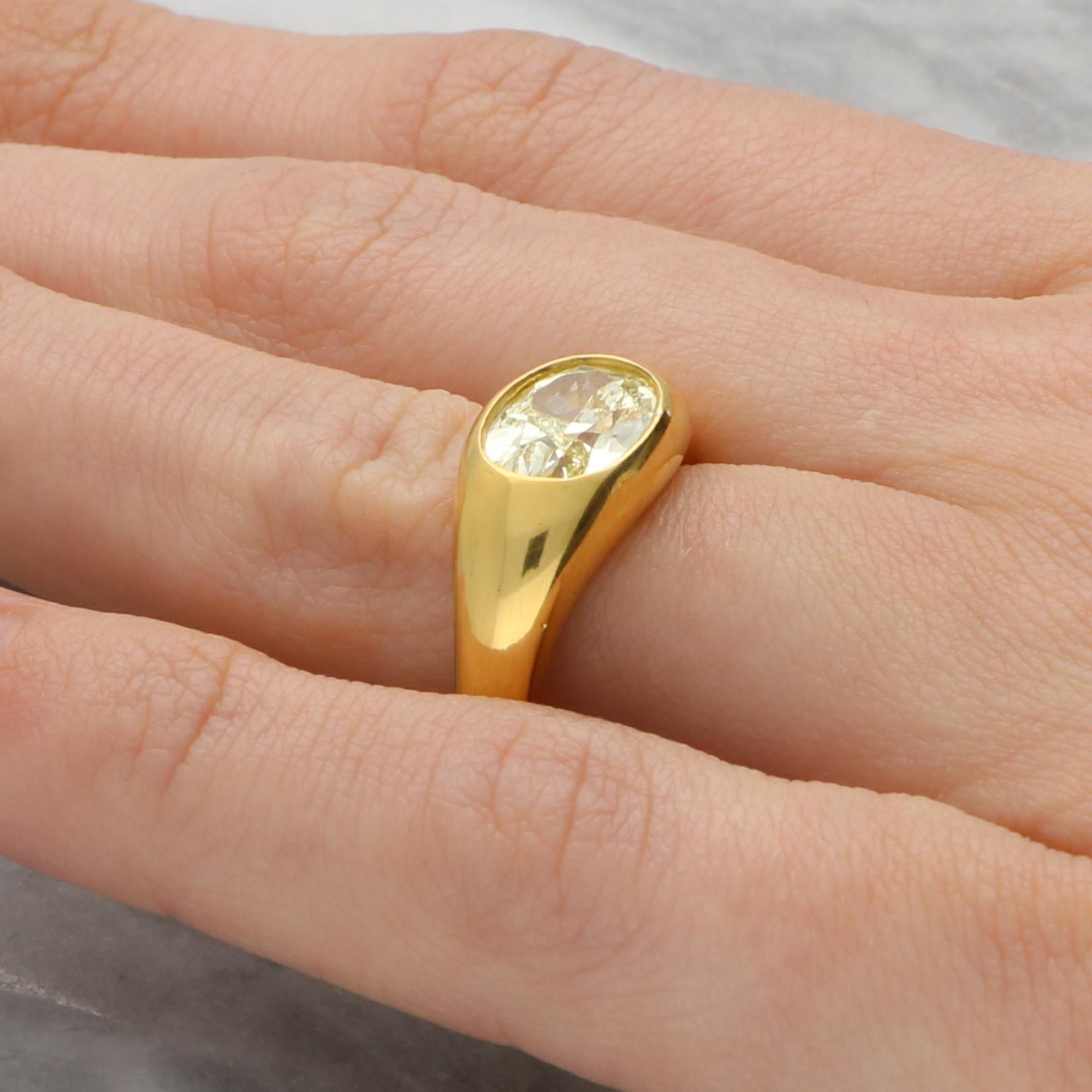 Oval Cut Vintage GIA Certified 2.03ct Fancy Yellow Oval Diamond Bezel Set Ring For Sale