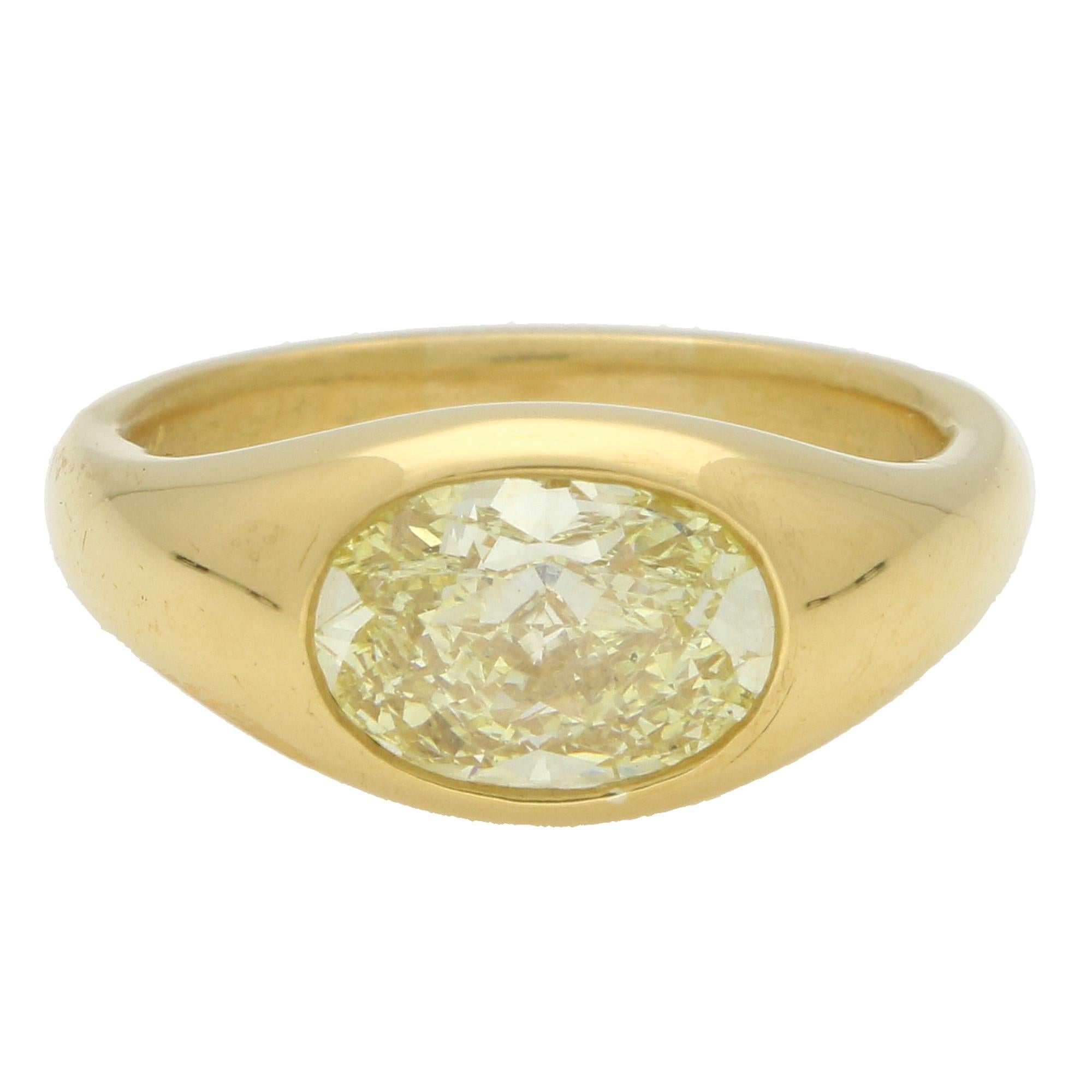 Vintage GIA Certified 2.03ct Fancy Yellow Oval Diamond Bezel Set Ring For Sale 3