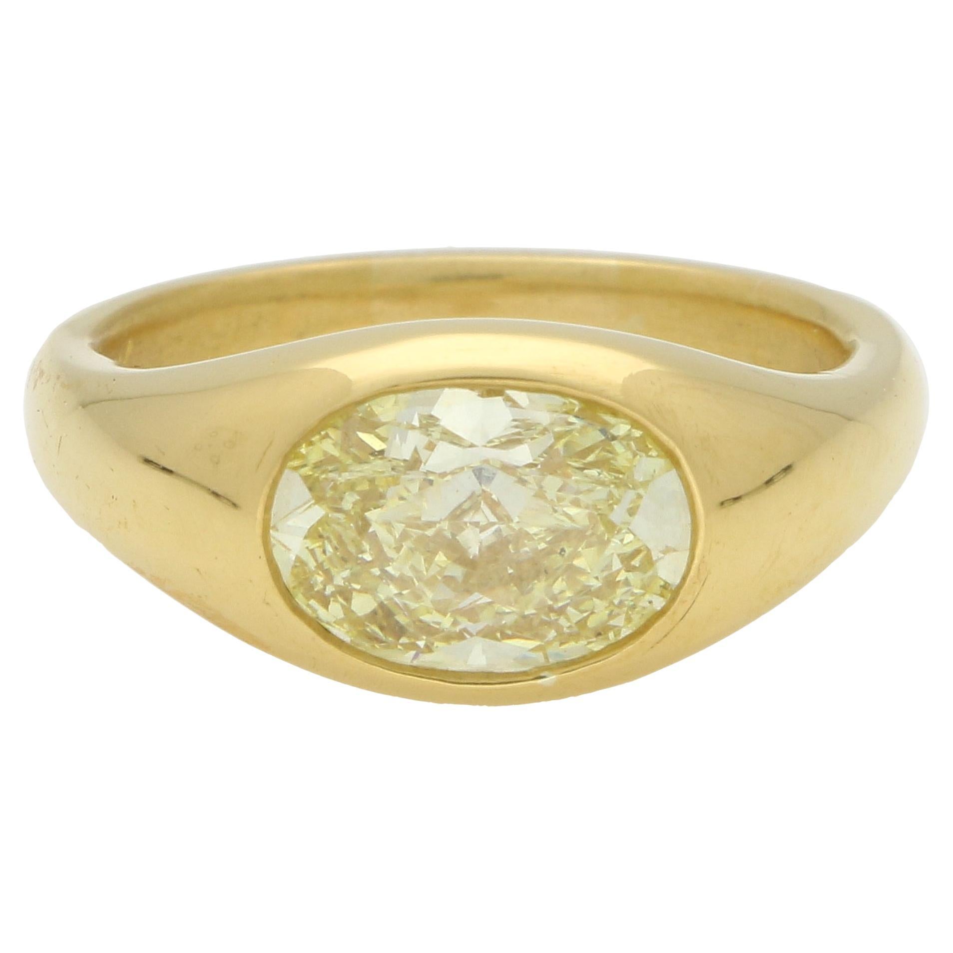 Vintage GIA Certified 2.03ct Fancy Yellow Oval Diamond Bezel Set Ring