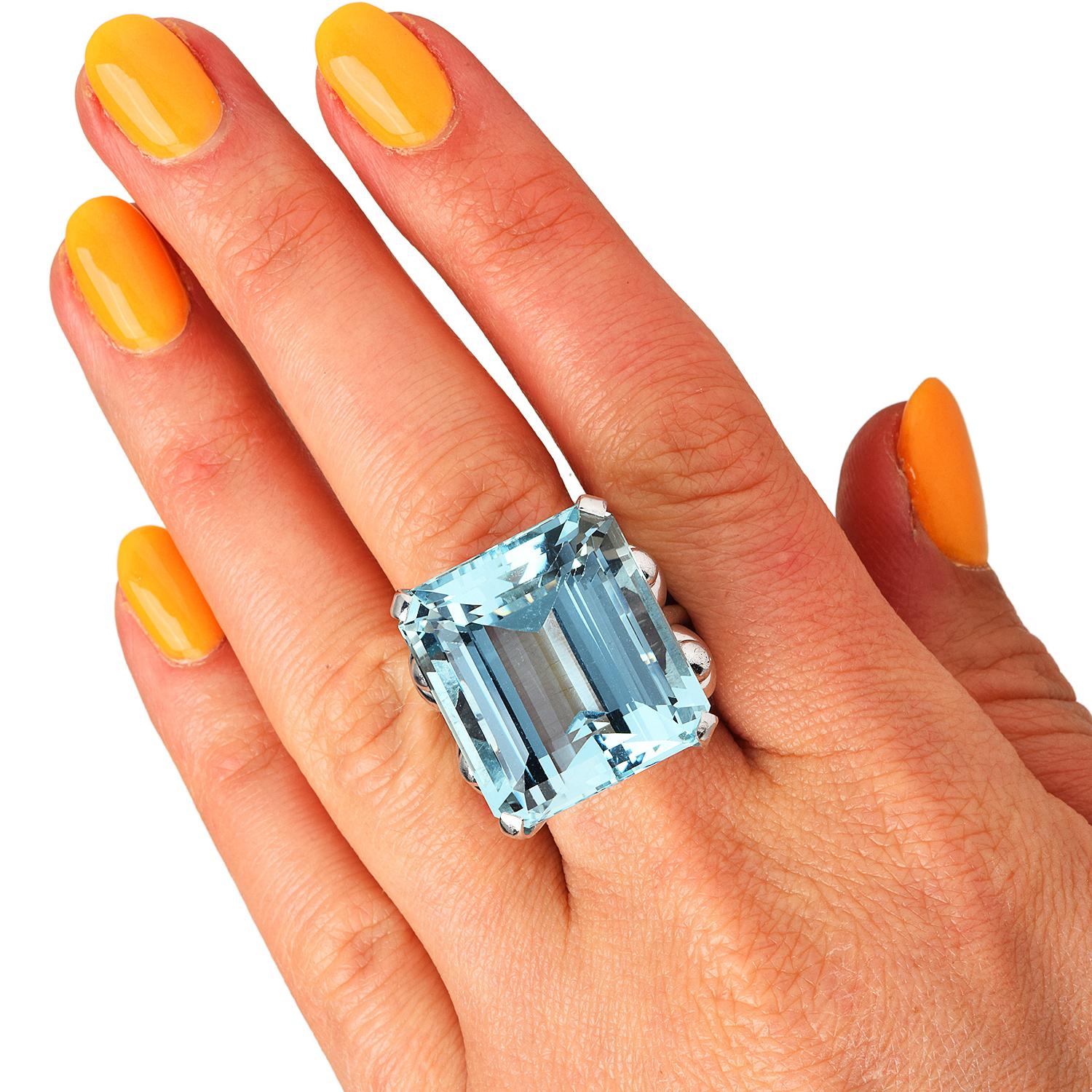 Emerald Cut Vintage GIA Certified 47.02cts Aquamarine 18K White Gold Cocktail Large Ring For Sale