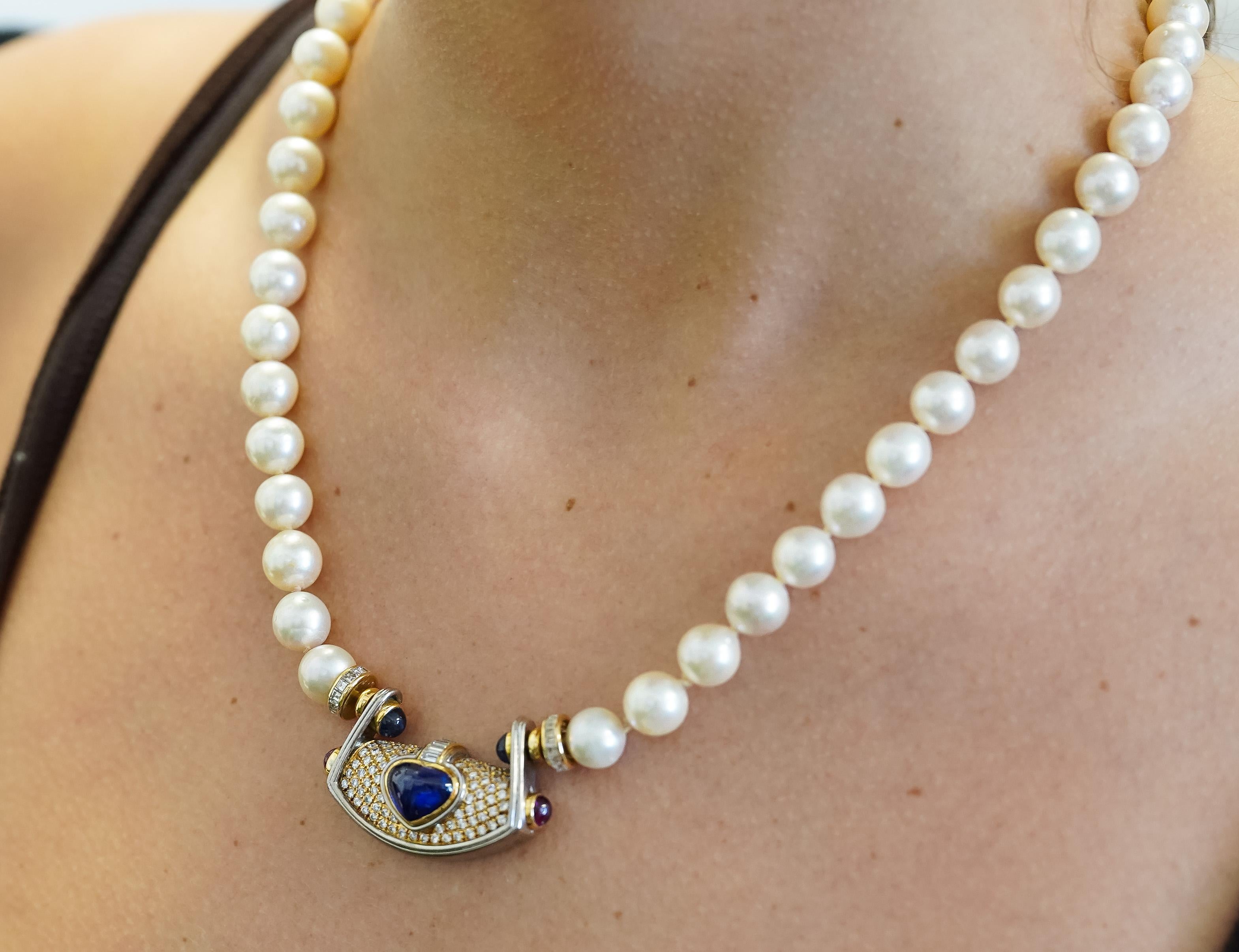 Baroque Vintage GIA Certified 5 Carat Heart Blue Sapphire, Diamond & Pearl Necklace For Sale