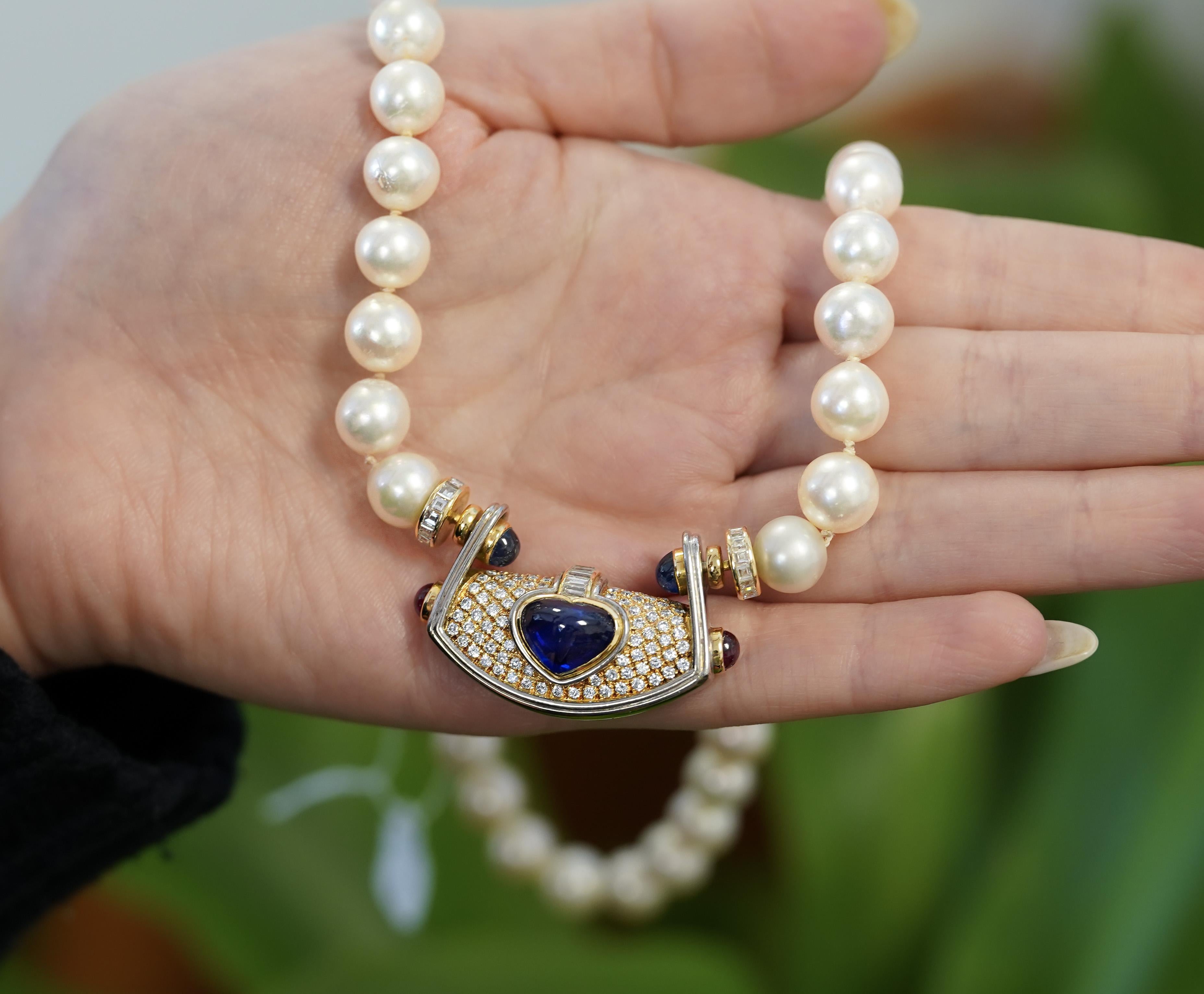 Halskette, GIA-zertifizierter 5 Karat herzblauer Saphir, Diamant & Perle, Vintage (Herzschliff) im Angebot