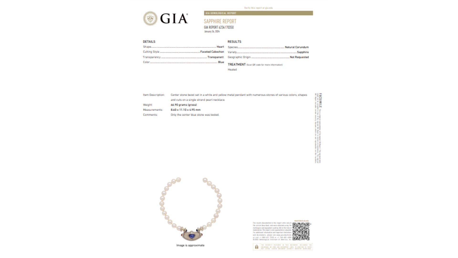 Women's Vintage GIA Certified 5 Carat Heart Blue Sapphire, Diamond & Pearl Necklace For Sale