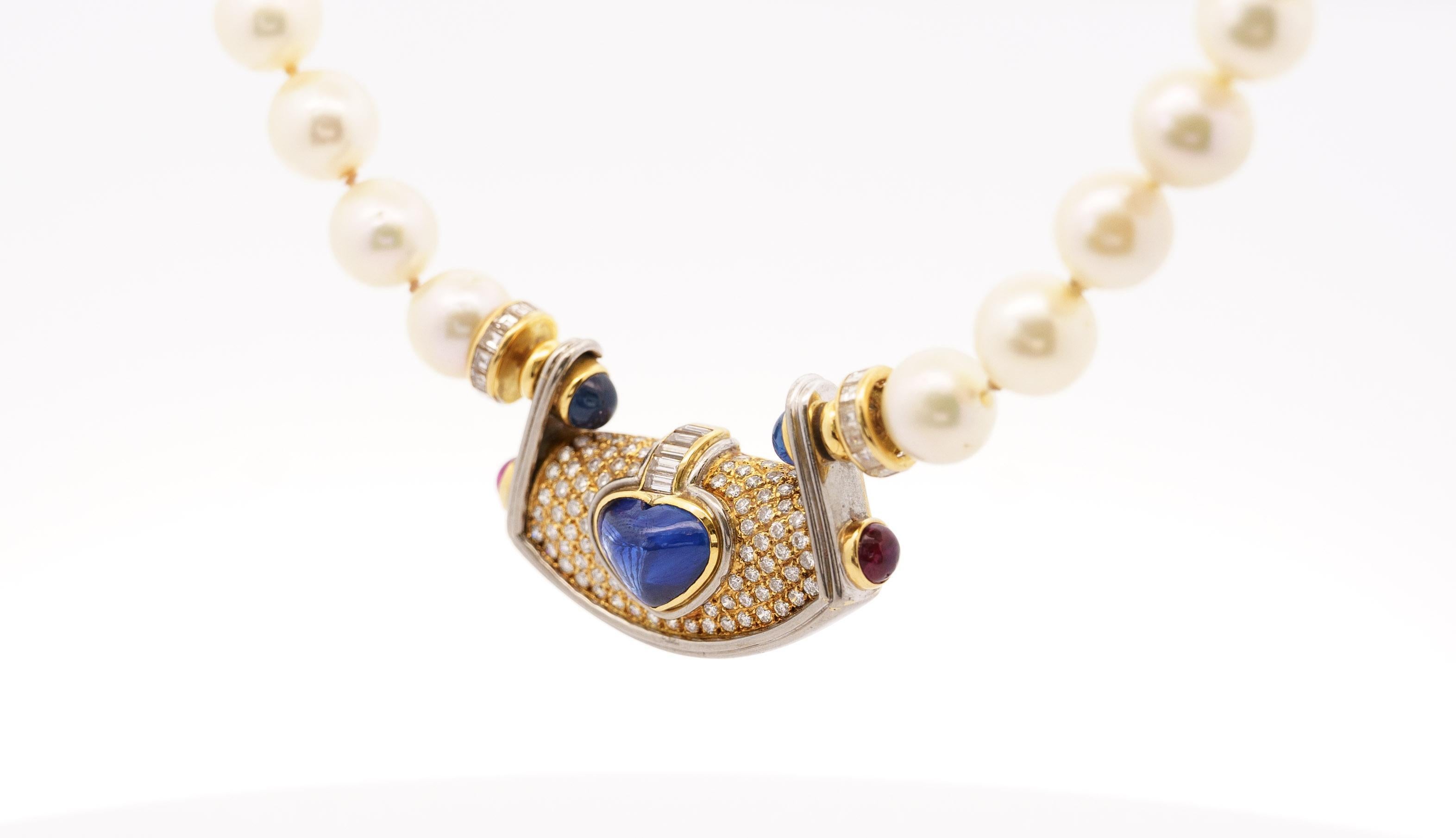 Vintage GIA Certified 5 Carat Heart Blue Sapphire, Diamond & Pearl Necklace For Sale 3