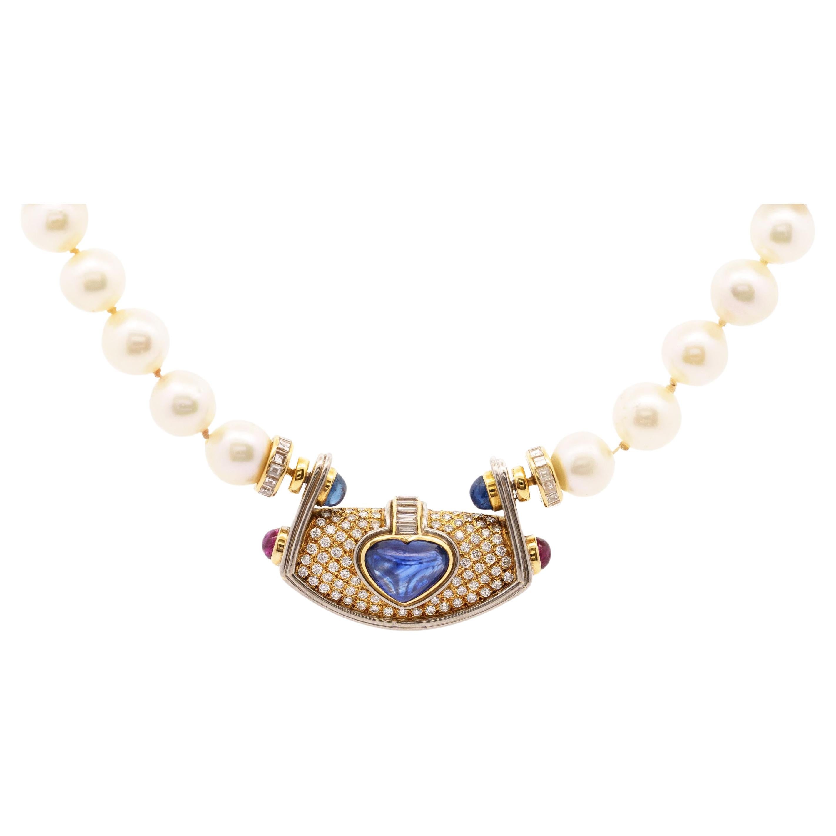 Vintage GIA Certified 5 Carat Heart Blue Sapphire, Diamond & Pearl Necklace For Sale