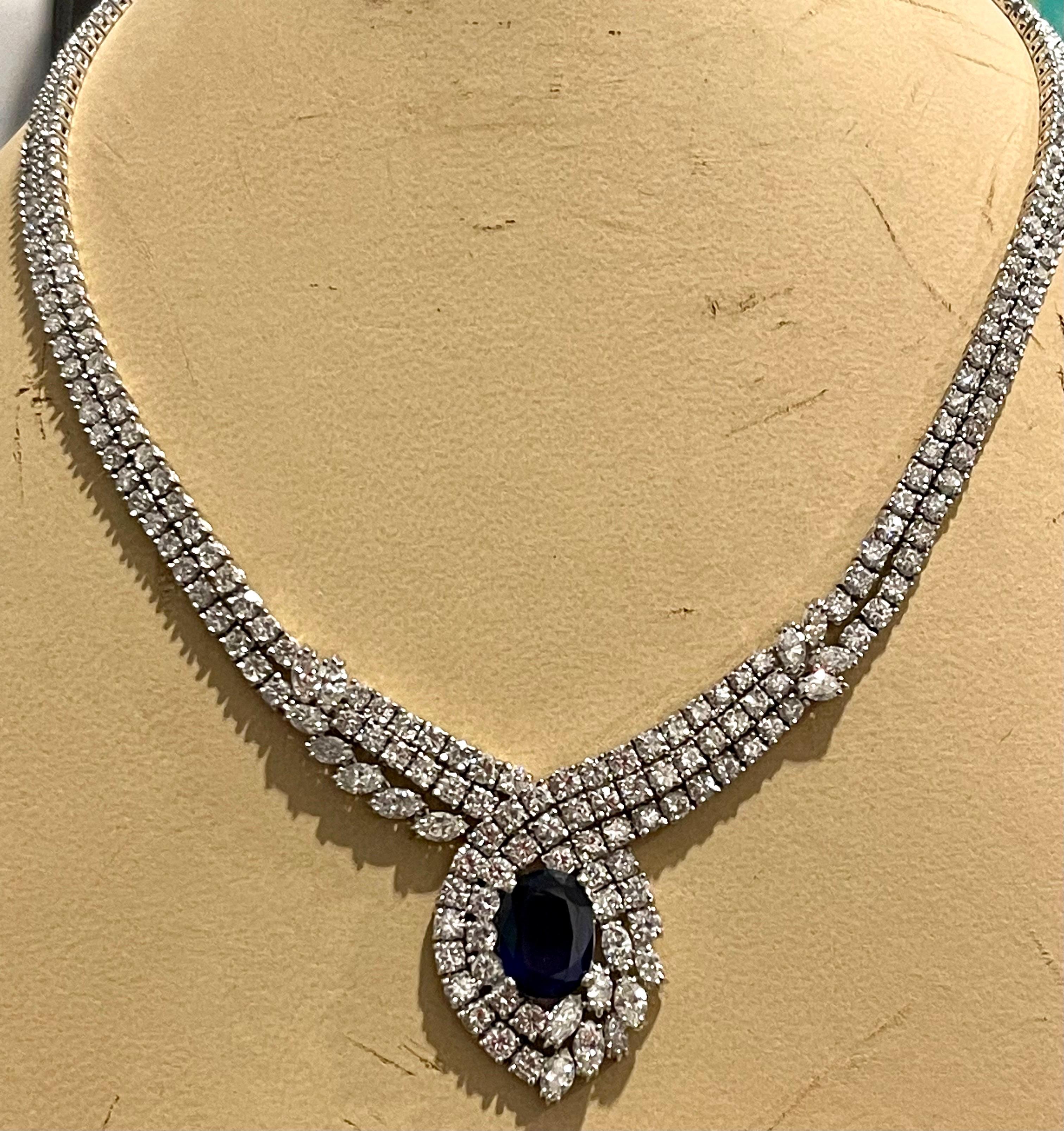 Vintage GIA Certified 6.5Ct Ceylon Sapphire & 32 Ct Diamond Necklace 18K W Gold For Sale 6
