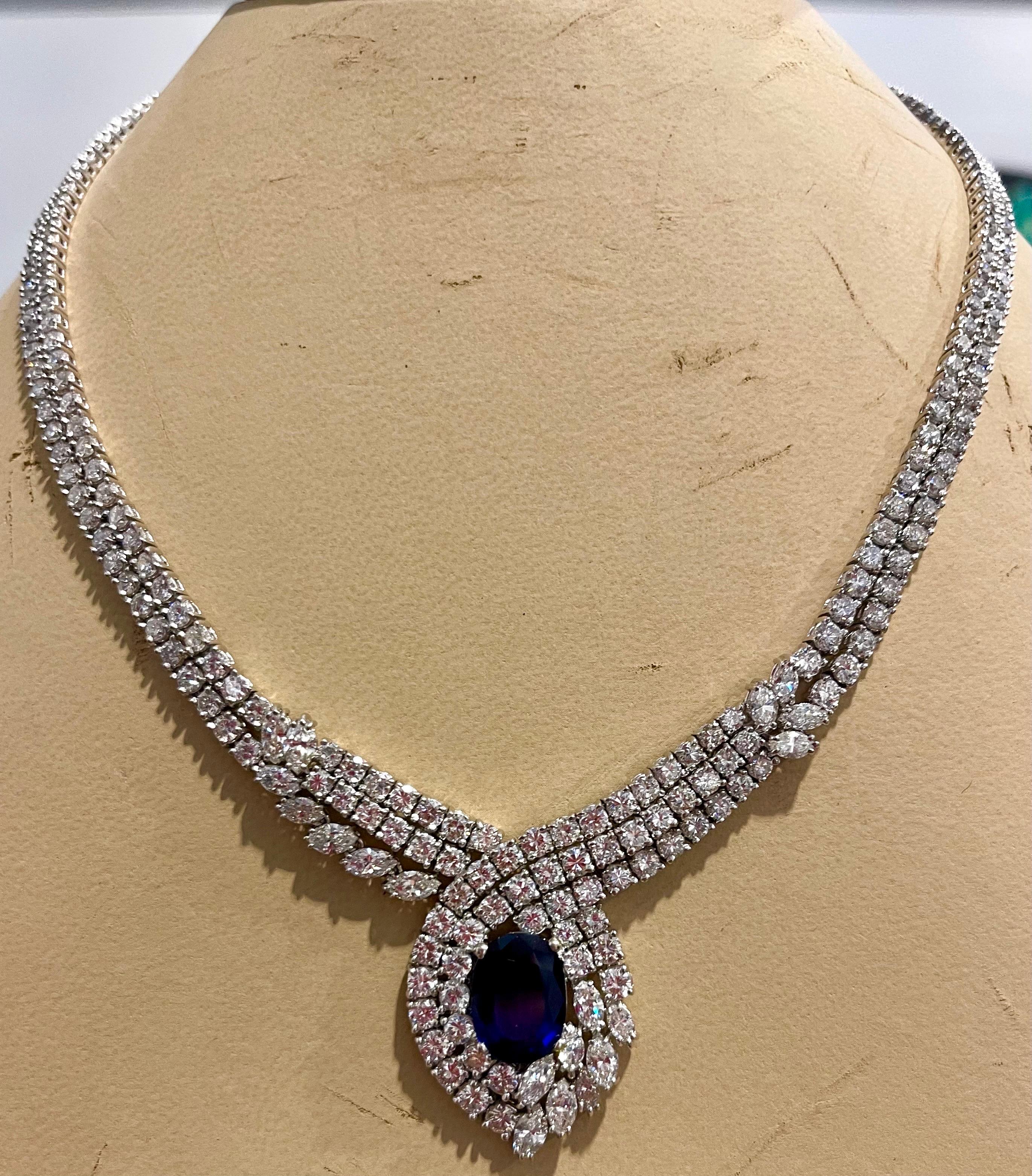 Vintage GIA Certified 6.5Ct Ceylon Sapphire & 32 Ct Diamond Necklace 18K W Gold For Sale 5