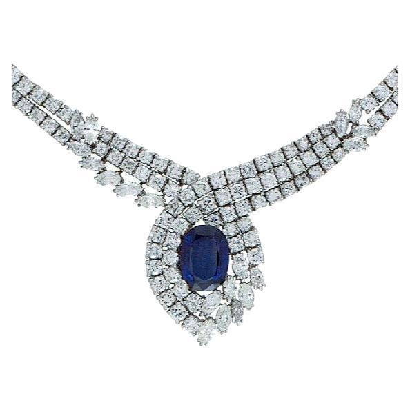 Vintage GIA zertifiziert 6,5 Karat Ceylon Saphir & 32 Karat Diamant-Halskette 18K W Gold (Ovalschliff) im Angebot