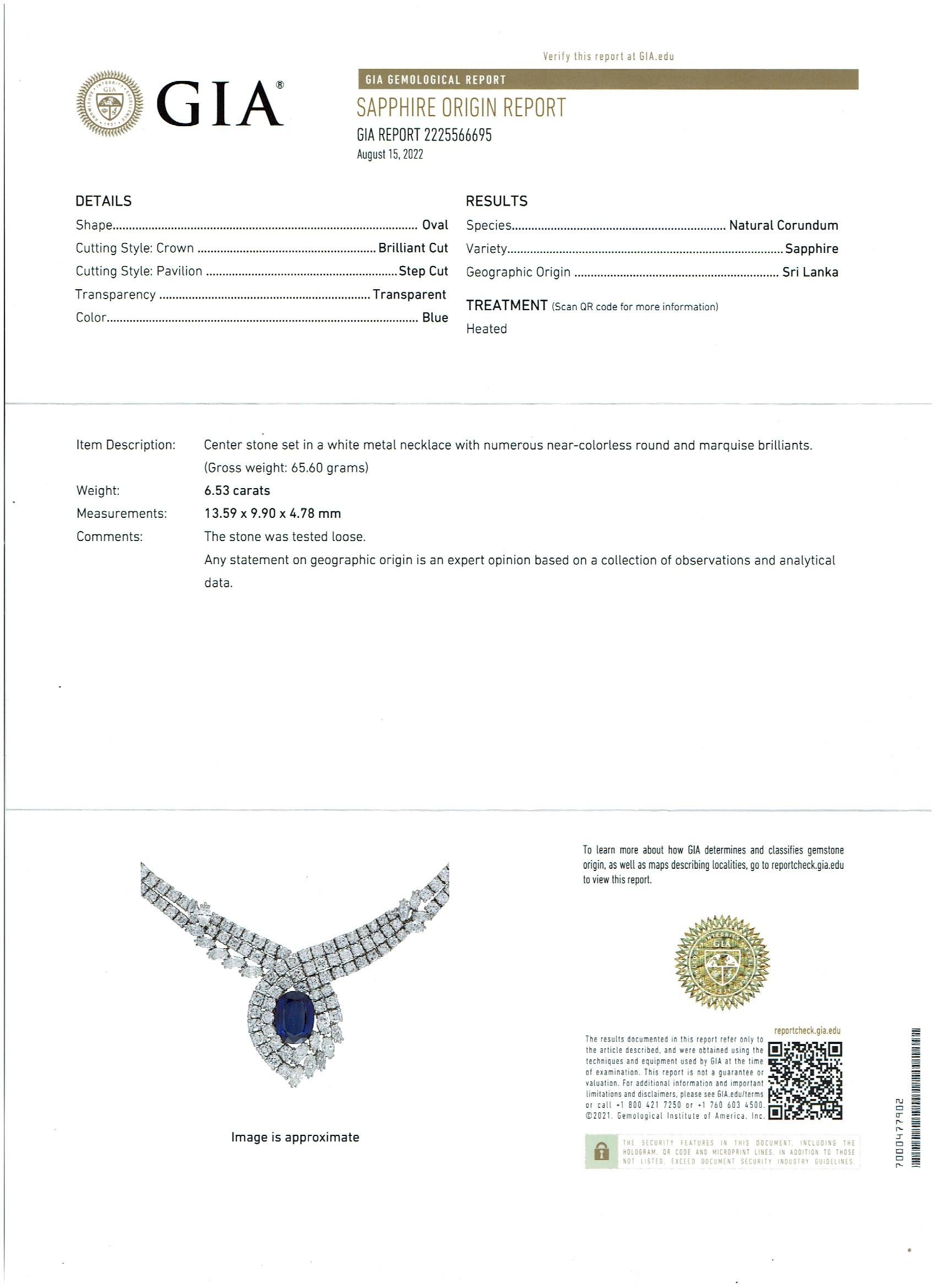 Oval Cut Vintage GIA Certified 6.5Ct Ceylon Sapphire & 32 Ct Diamond Necklace 18K W Gold For Sale