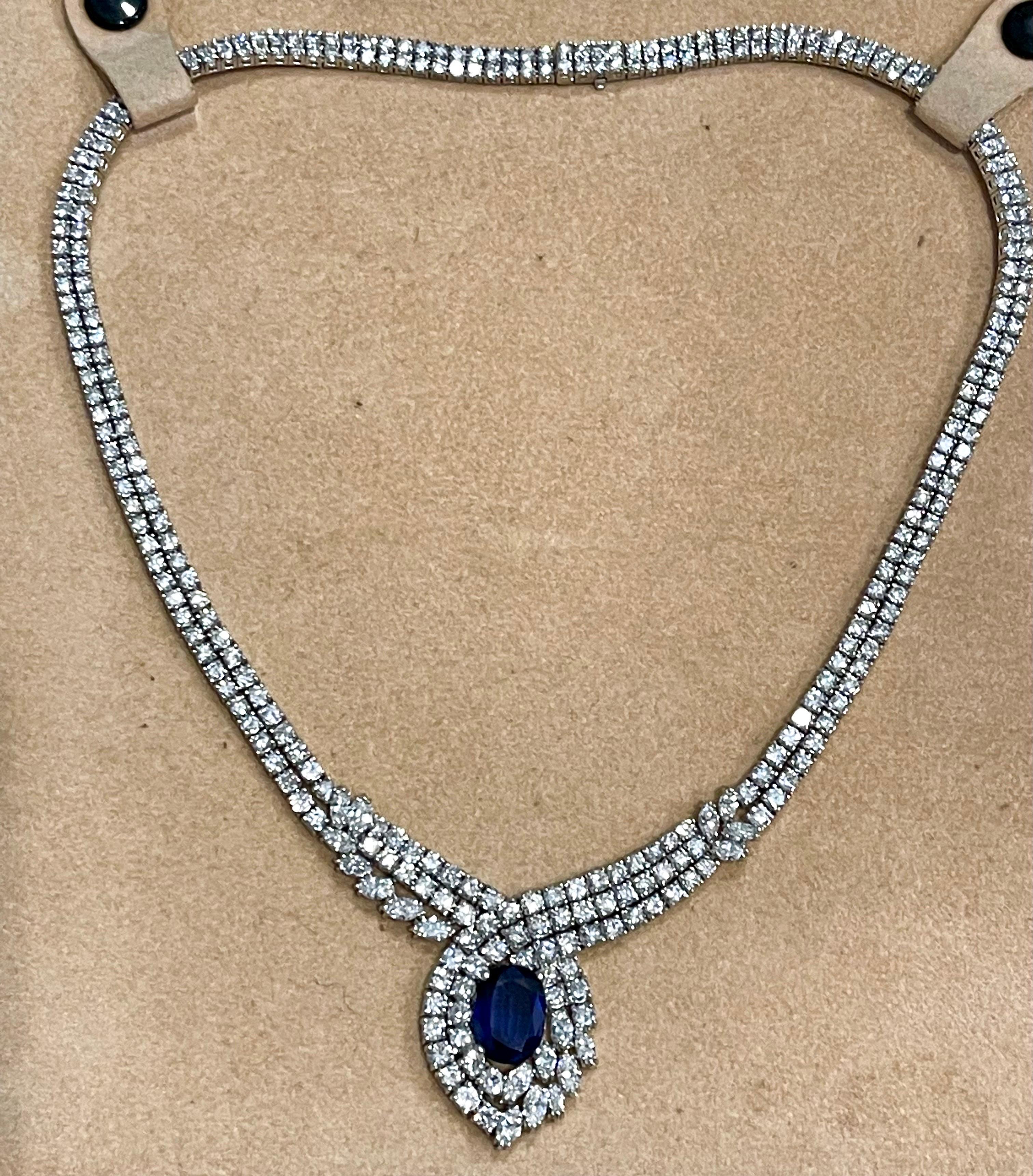 Oval Cut Vintage GIA Certified 6.5Ct Ceylon Sapphire & 32 Ct Diamond Necklace 18K W Gold For Sale