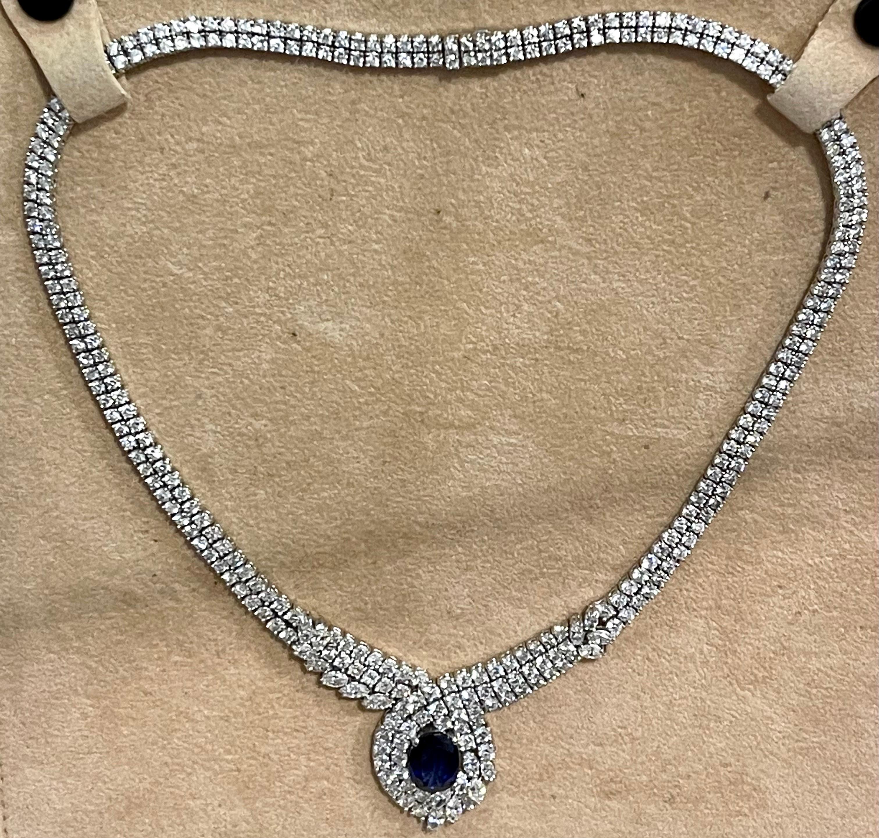 Vintage GIA Certified 6.5Ct Ceylon Sapphire & 32 Ct Diamond Necklace 18K W Gold In Excellent Condition For Sale In New York, NY