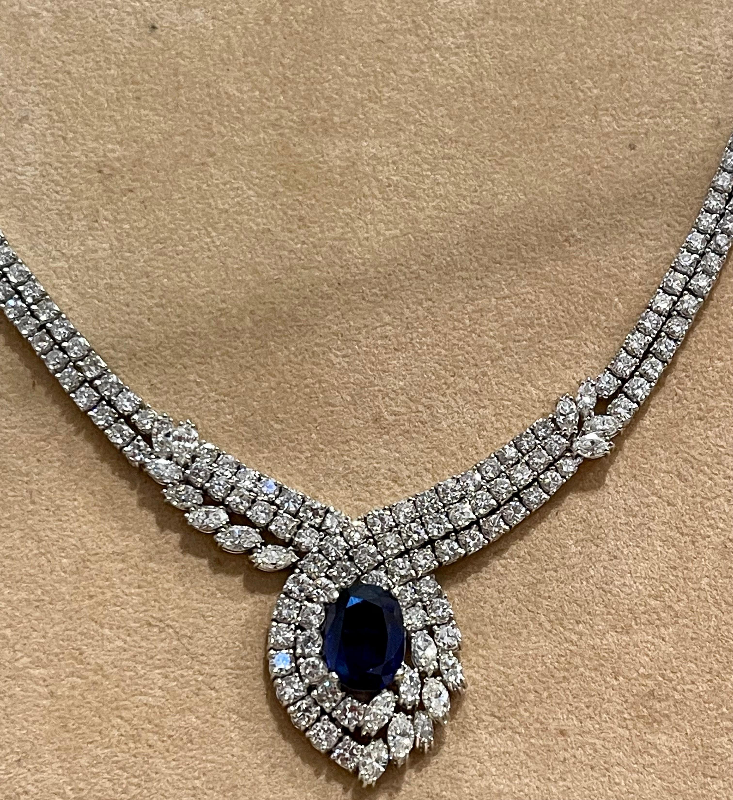 Vintage GIA Certified 6.5Ct Ceylon Sapphire & 32 Ct Diamond Necklace 18K W Gold For Sale 2