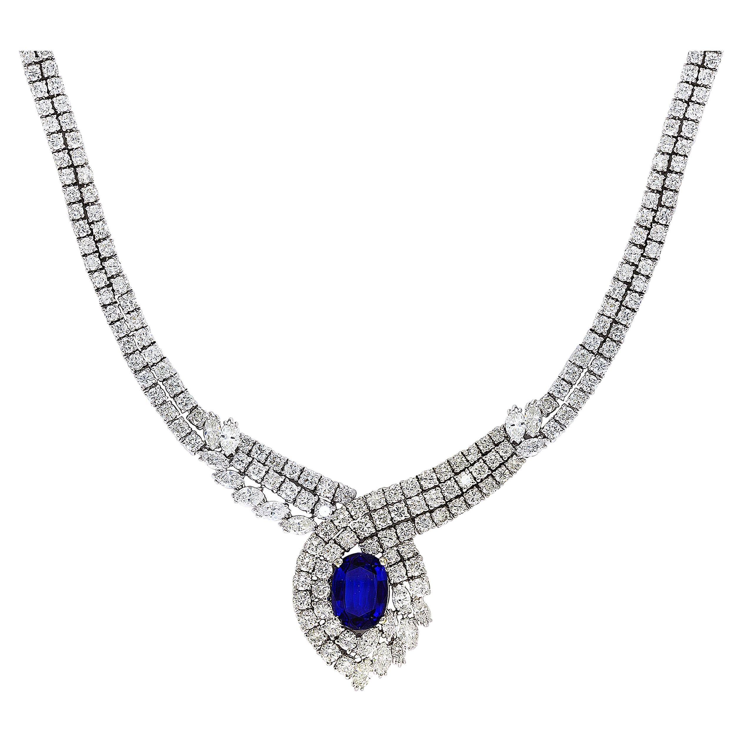 Vintage GIA Certified 6.5Ct Ceylon Sapphire & 32 Ct Diamond Necklace 18K W Gold