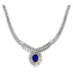 Retro GIA Certified 6.5Ct Ceylon Sapphire & 32 Ct Diamond Necklace 18K W Gold