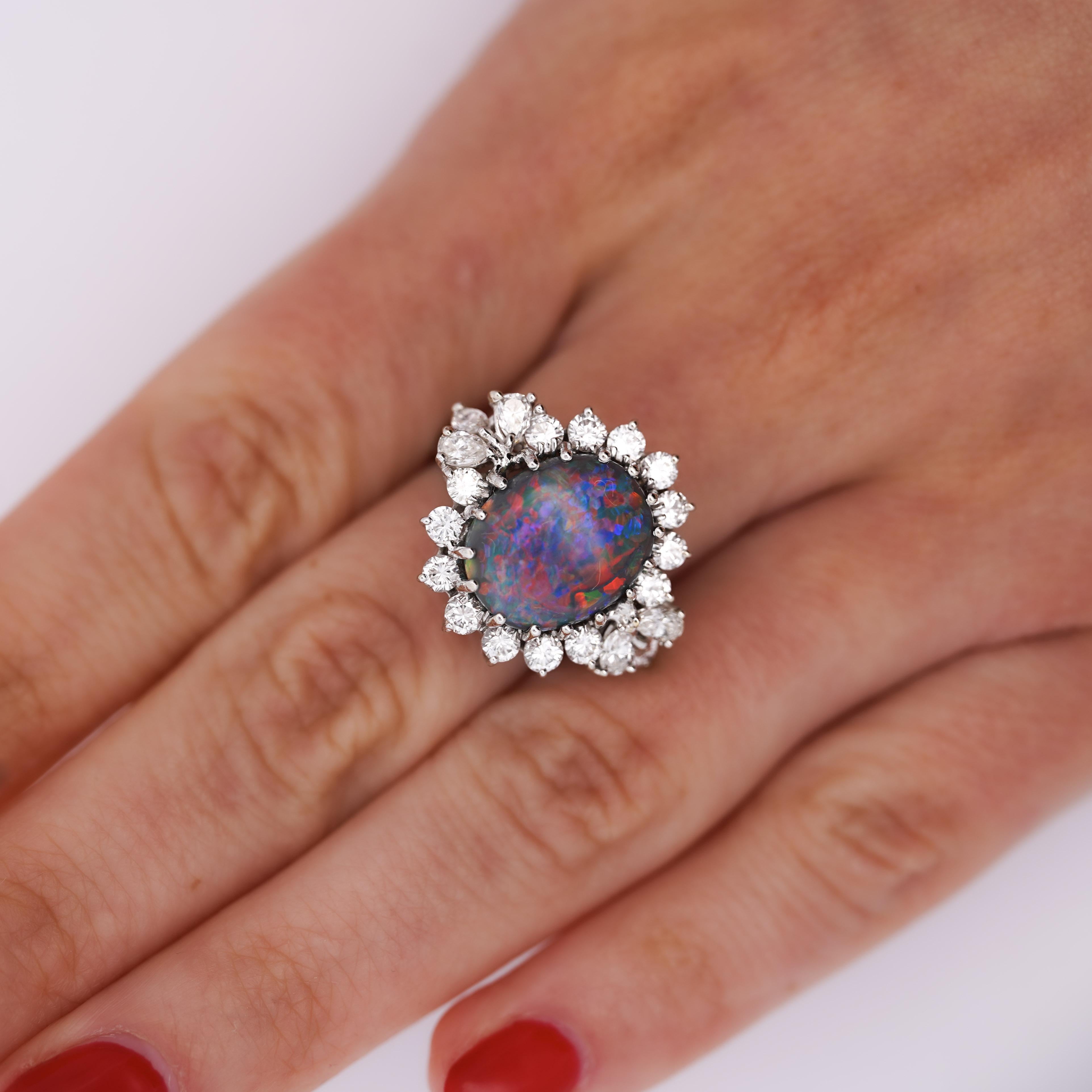 Vintage GIA Certified Black Opal Mixed Cut Diamond Halo 14K Cocktail Ring For Sale 4