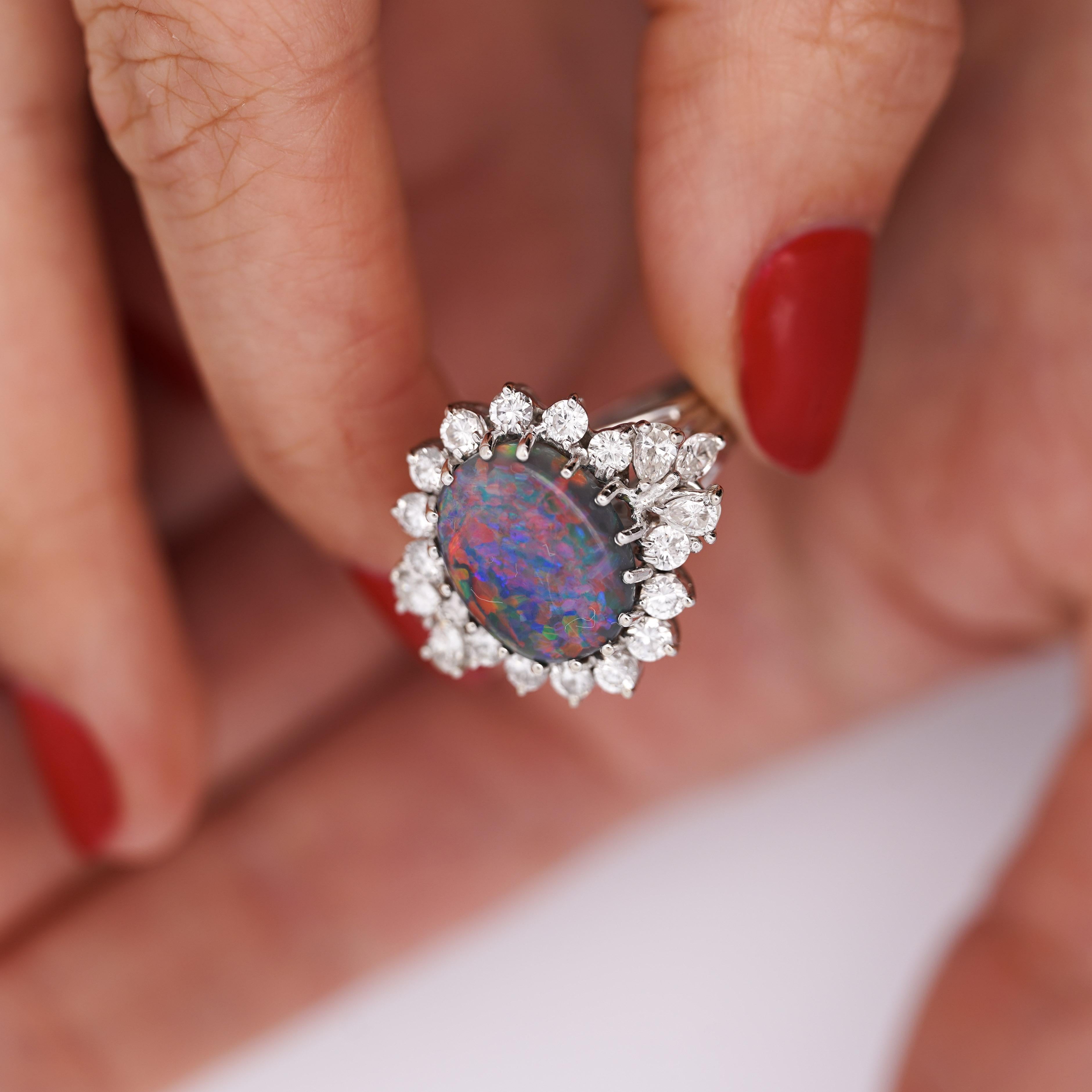 Contemporary Vintage GIA Certified Black Opal Mixed Cut Diamond Halo 14K Cocktail Ring For Sale
