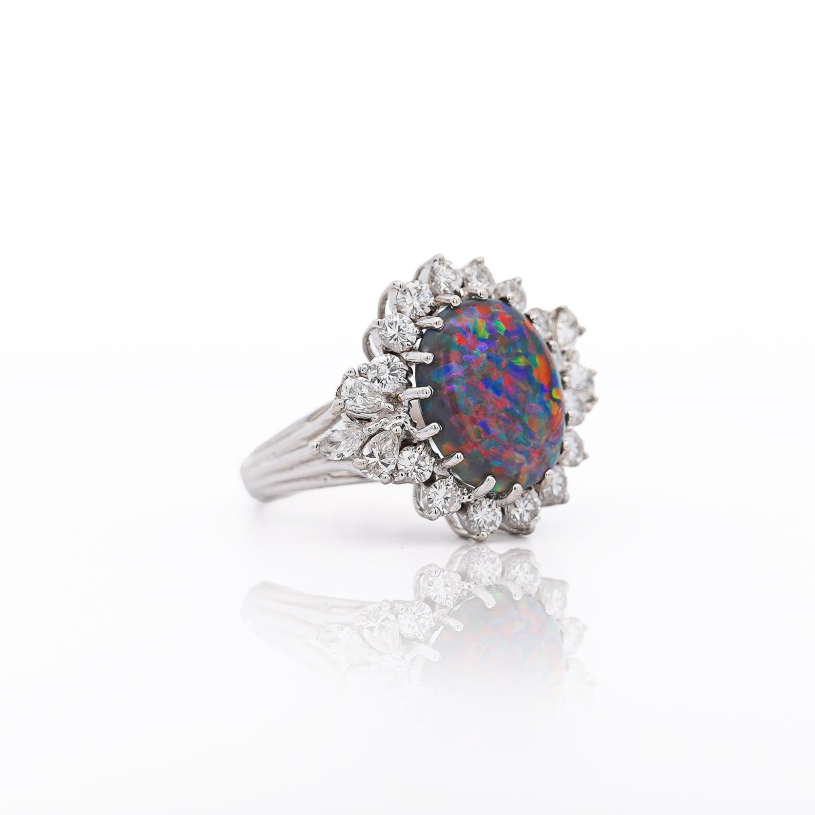Cabochon Vintage GIA Certified Black Opal Mixed Cut Diamond Halo 14K Cocktail Ring For Sale