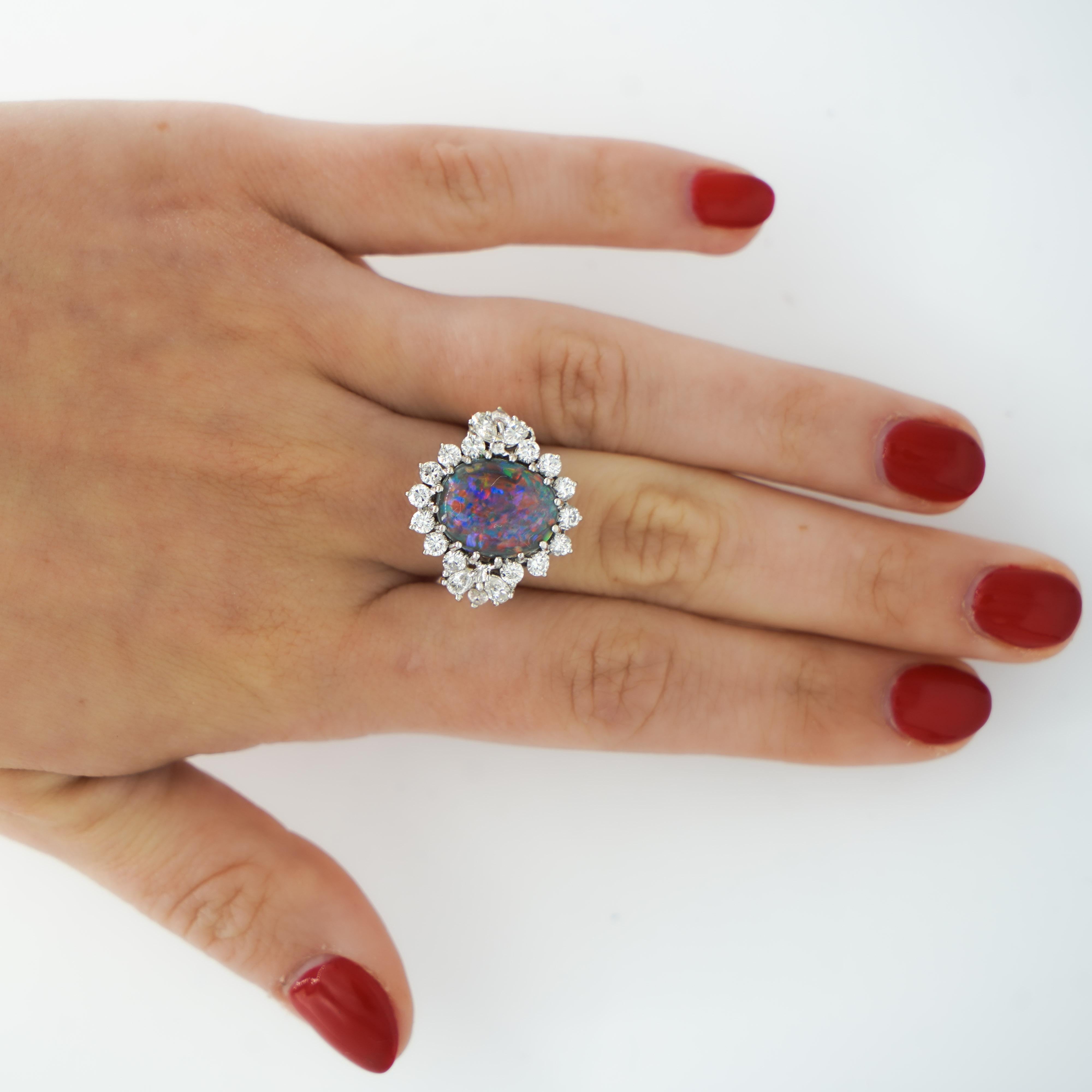 Women's Vintage GIA Certified Black Opal Mixed Cut Diamond Halo 14K Cocktail Ring For Sale