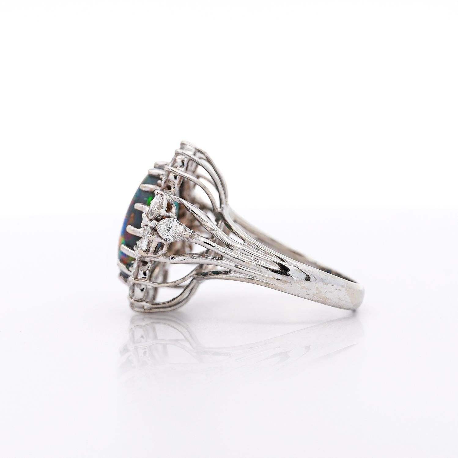 Vintage GIA Certified Black Opal Mixed Cut Diamond Halo 14K Cocktail Ring For Sale 3