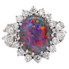 Vintage By certificato GIA Opale Nero Taglio Misto Diamante Halo 14K Anello Cocktail