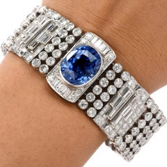 Vintage GIA Certified Ceylon Sapphire Wide Diamond Platinum Bracelet