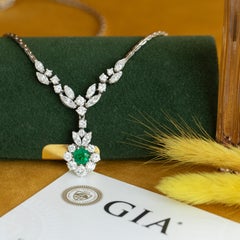 Vintage GIA Certified Colombian Emerald & Diamond Retro Necklace, 14K White Gold