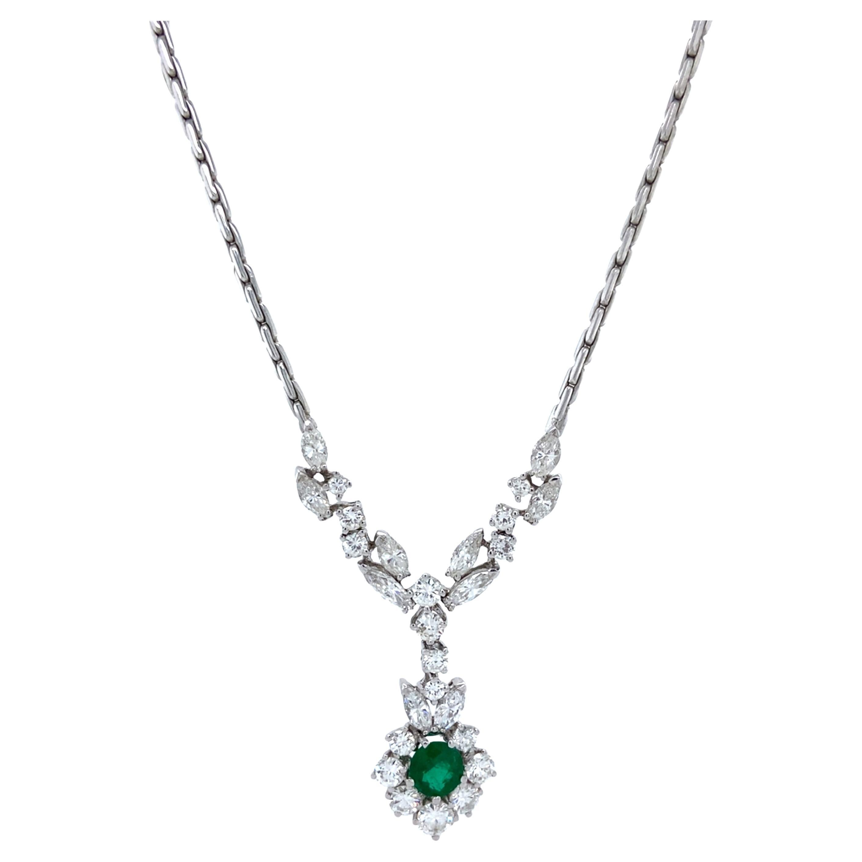 Vintage GIA Certified Colombian Emerald & Diamond Retro Necklace, 14K White Gold For Sale