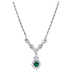 Vintage GIA Certified Colombian Emerald & Diamond Retro Necklace, 14K White Gold