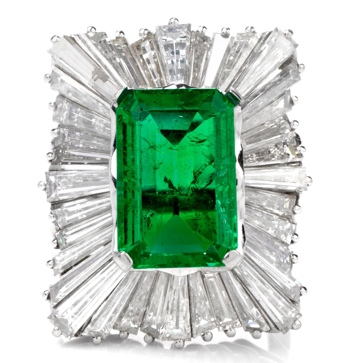 This Vibrant and Stately Diamond and GIA Certified Colombian Emerald cocktail

ring was inspired in a Ballerina design and crafted in 

17.3  grams of luxurious Platinum.  

Centered is 4.92 carats genuine emerald  measuring

14.3mm x 9.6mm x 4.53mm