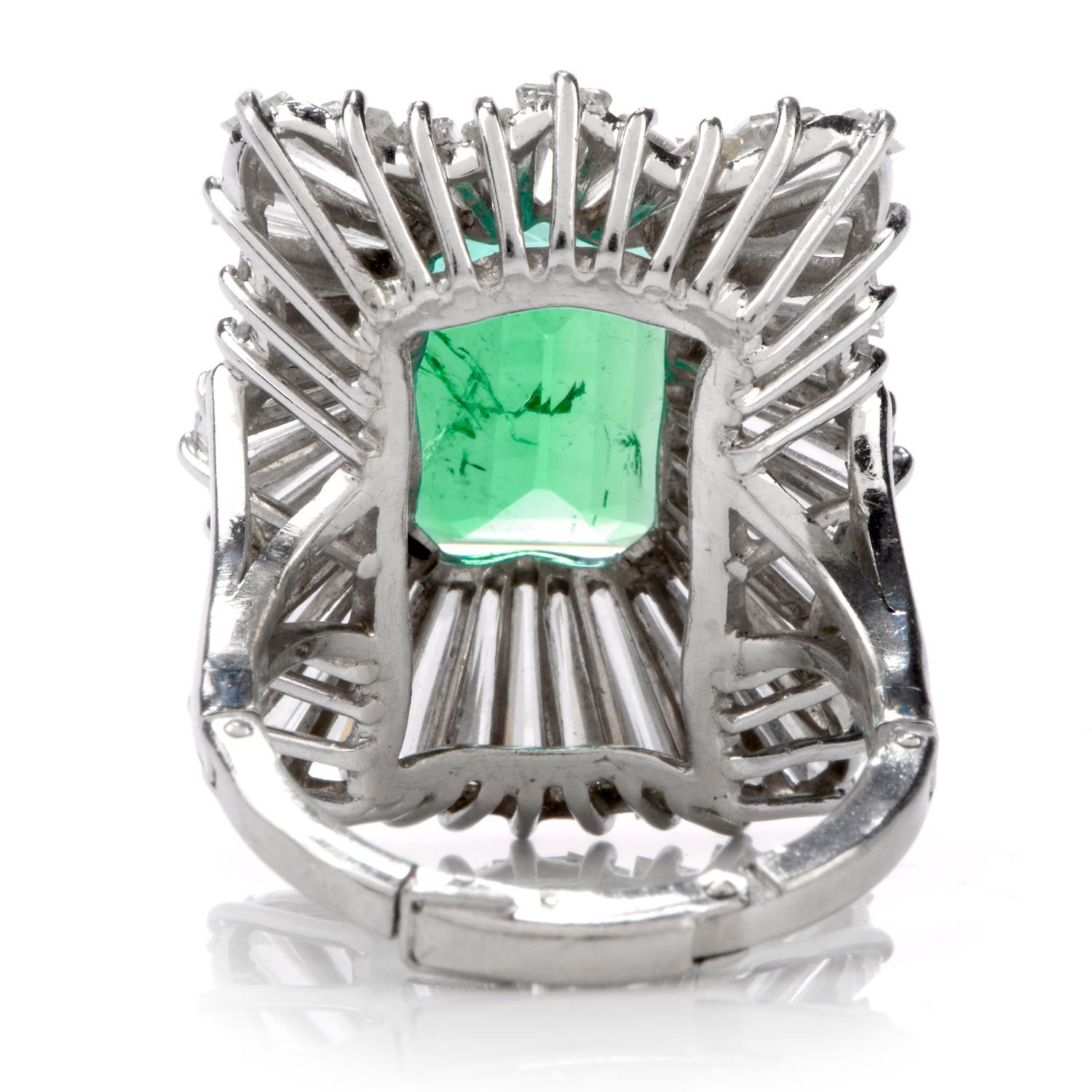 Emerald Cut Vintage GIA Certified Natural Emerald Diamond Ballerina Platinum Ring