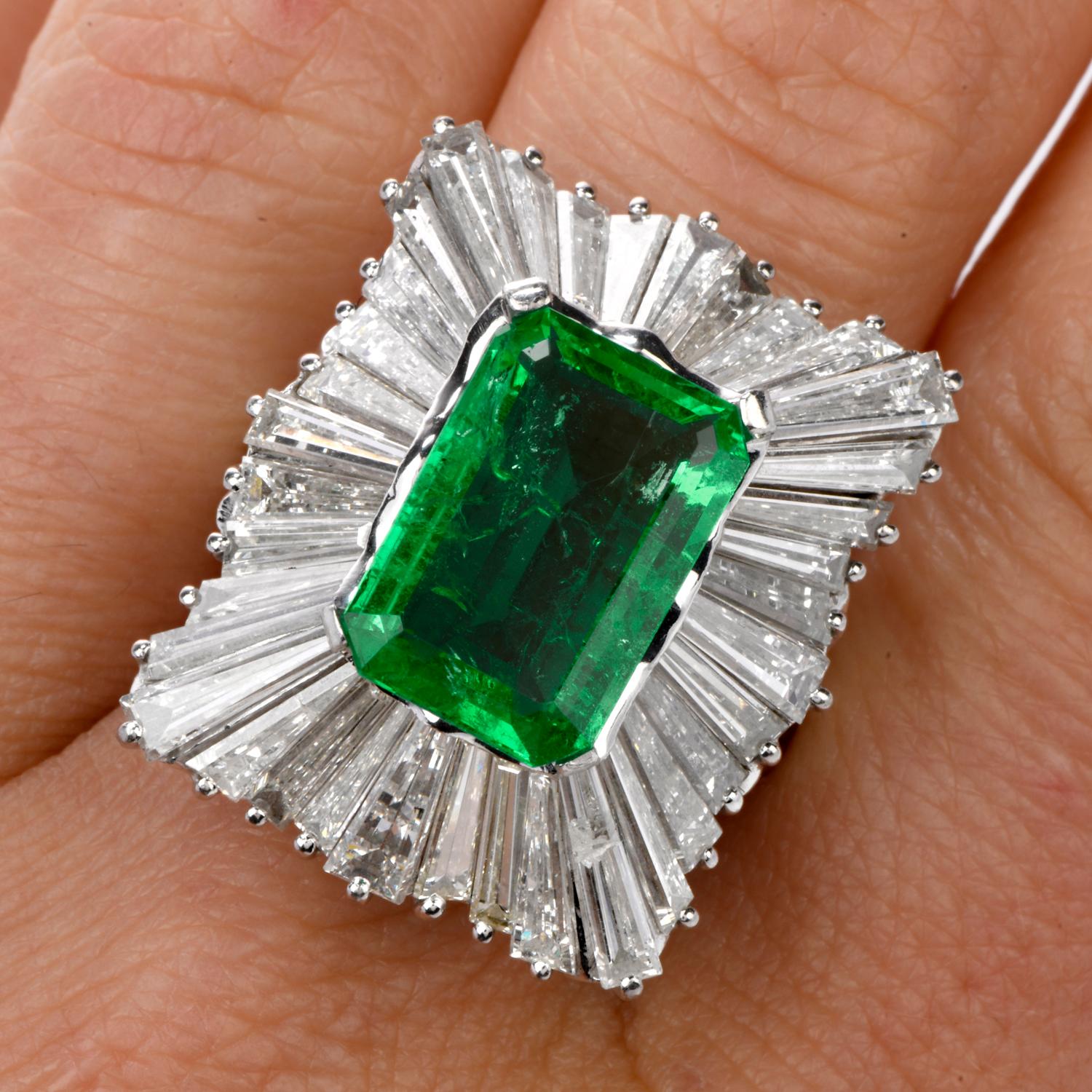 Women's Vintage GIA Certified Natural Emerald Diamond Ballerina Platinum Ring