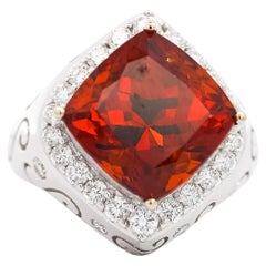 Vintage GIA Certified Orange Spessartine Garnet & Diamond 18K White Gold Ring