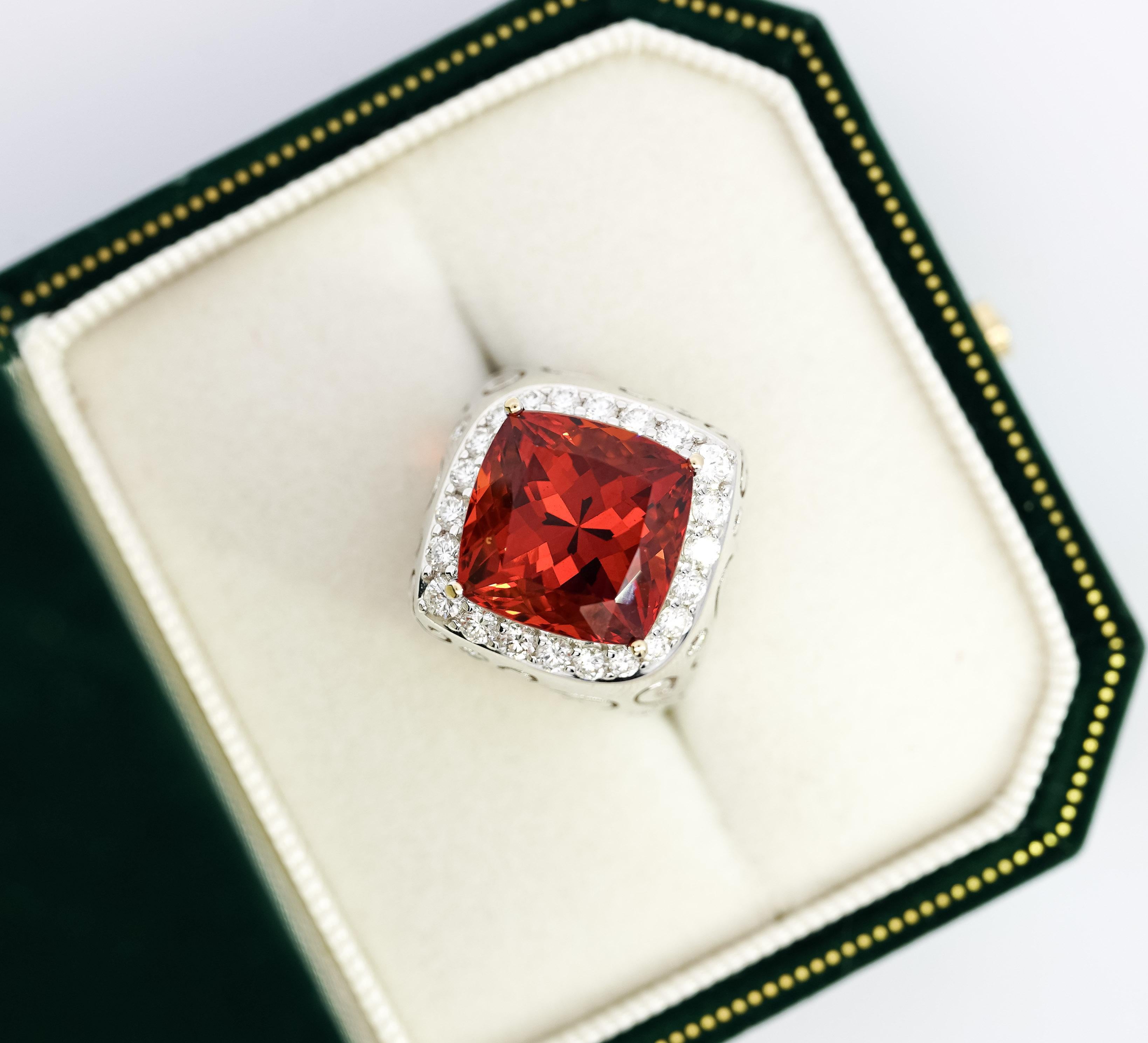 Vintage GIA Certified Orange Spessartine Garnet & Diamond 18K White Gold Ring For Sale 1