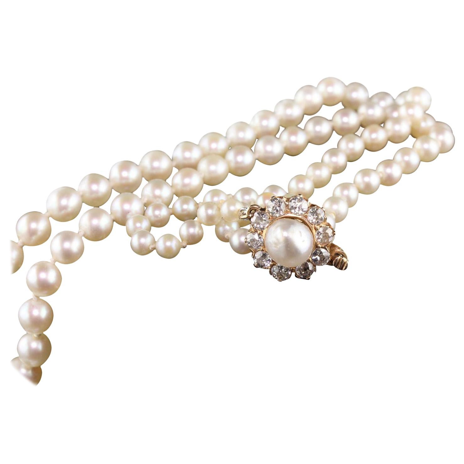 Vintage GIA Certified Pearl Necklace with Diamonds For Sale