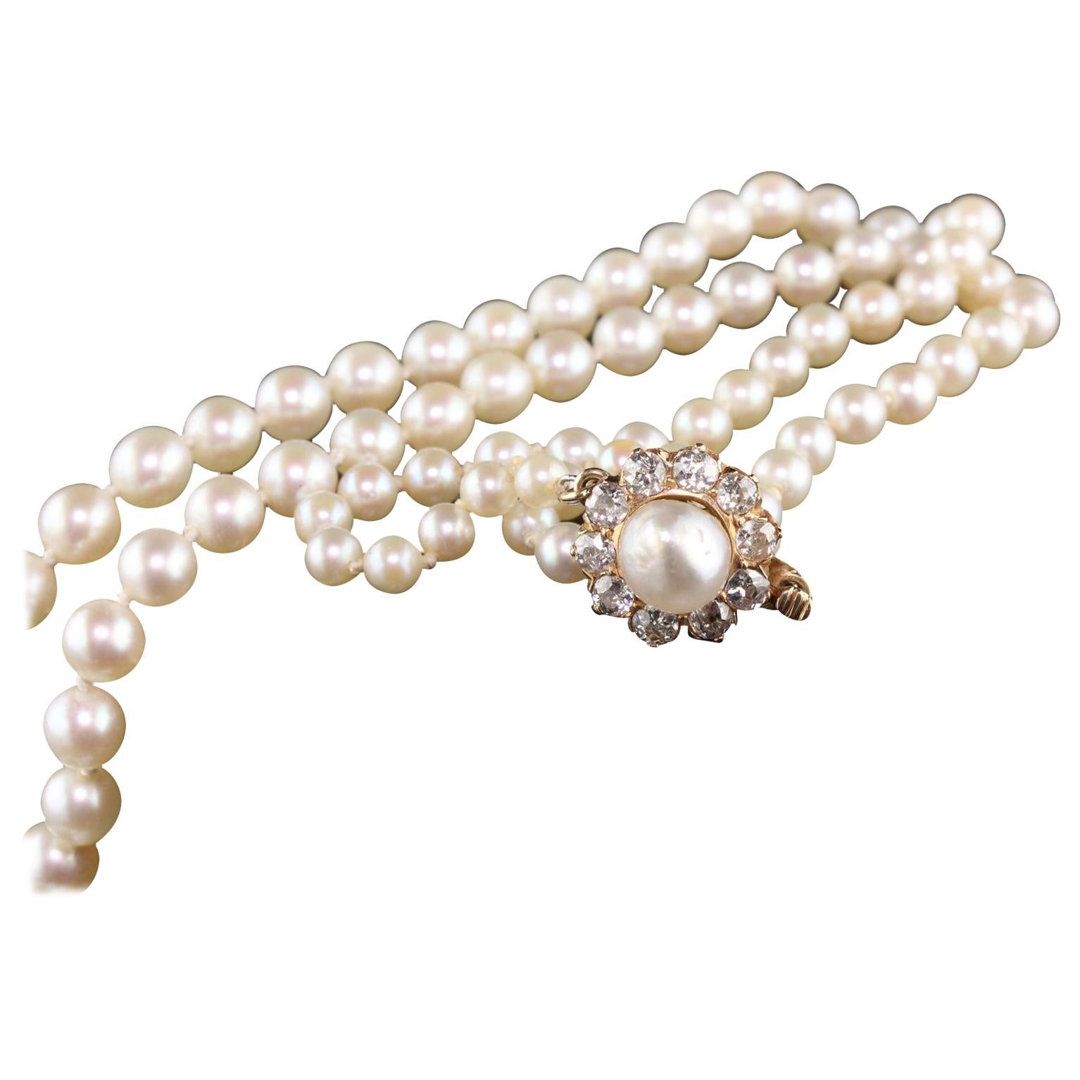 Vintage GIA Certified Pearl Necklace with Diamonds