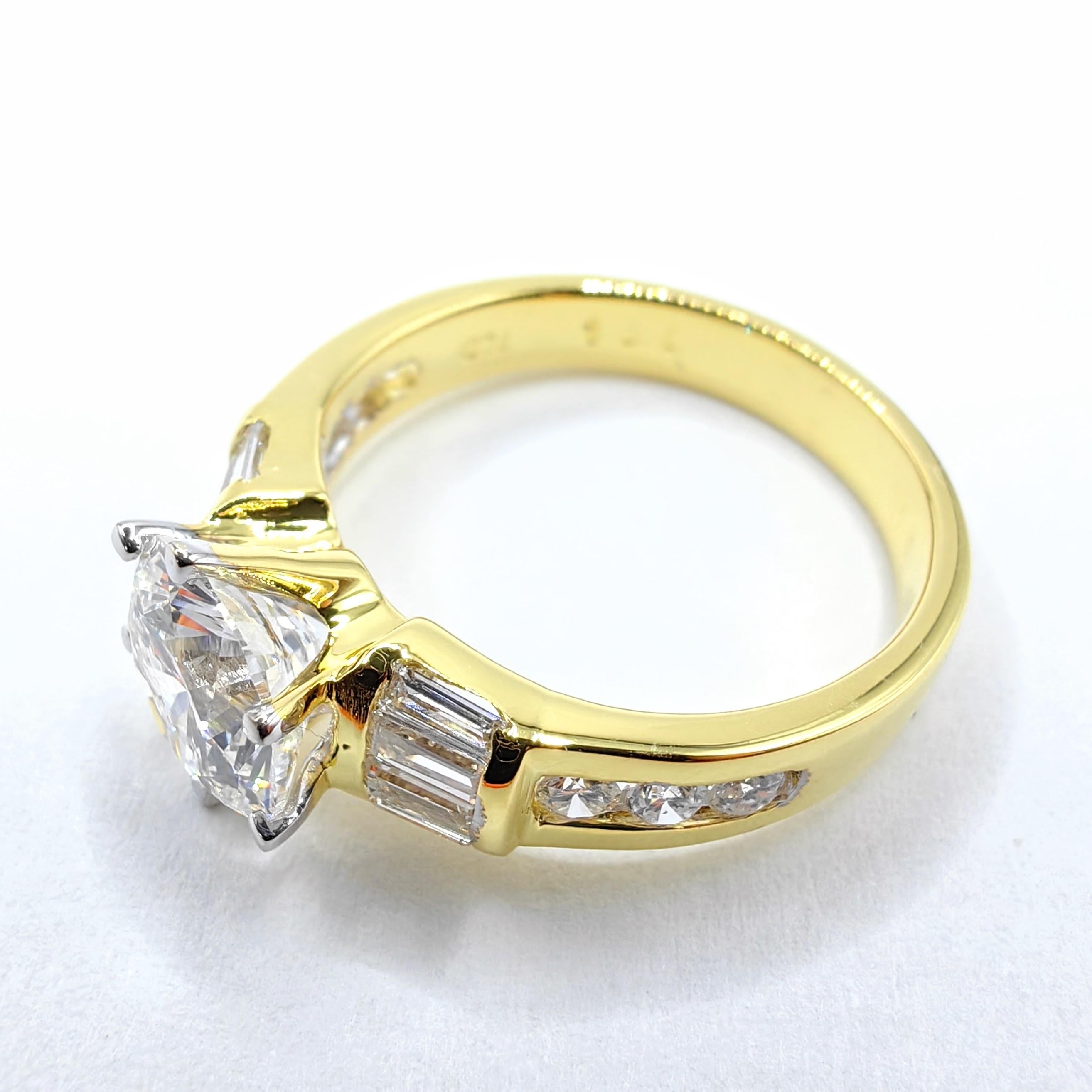 Contemporary Vintage 80s Art Deco GIA Round & Baguette Cut Diamond 18k Gold Engagement Ring For Sale