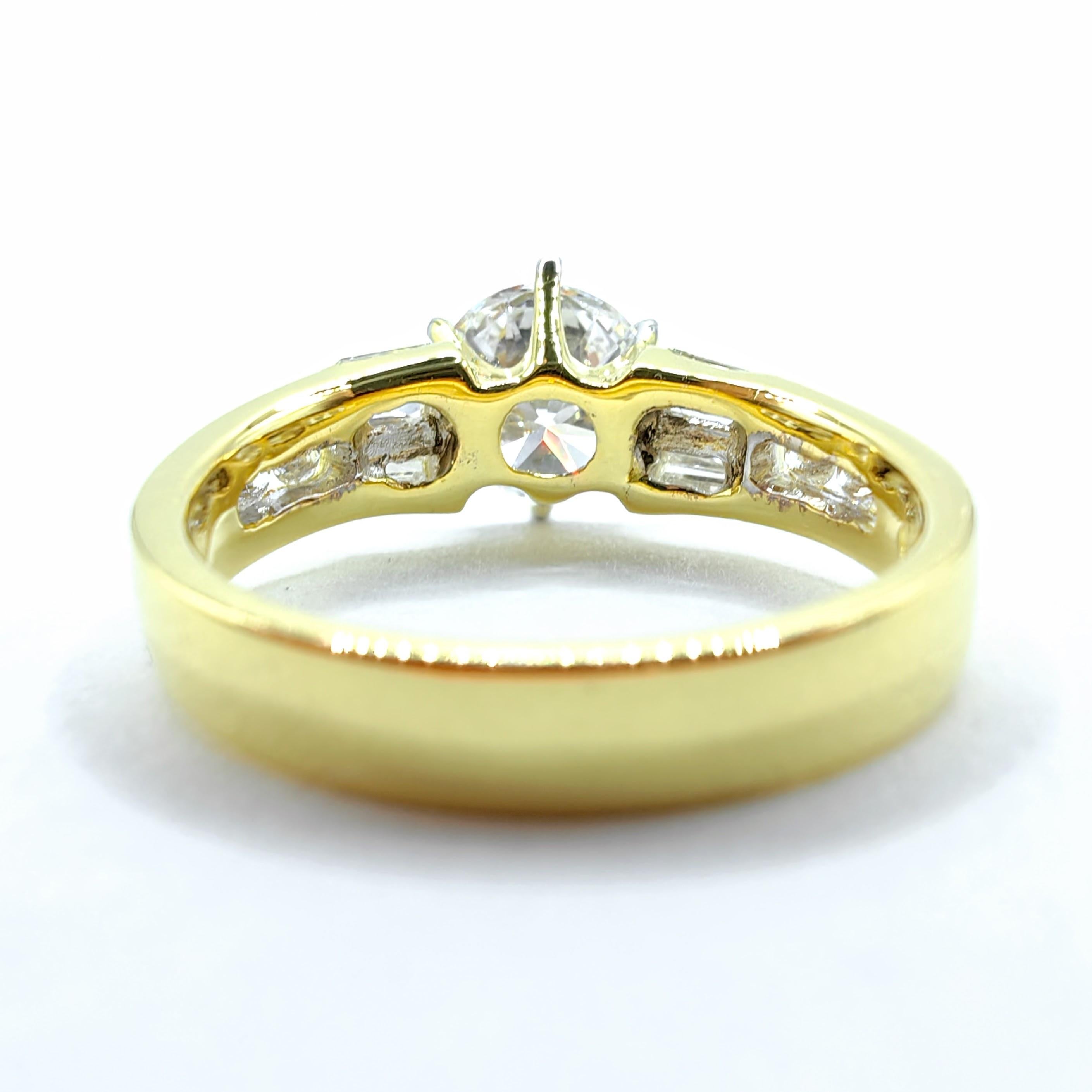 Round Cut Vintage 80s Art Deco GIA Round & Baguette Cut Diamond 18k Gold Engagement Ring For Sale