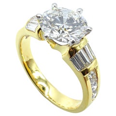 Vintage 80s Art Deco GIA Round & Baguette Cut Diamond 18k Gold Engagement Ring