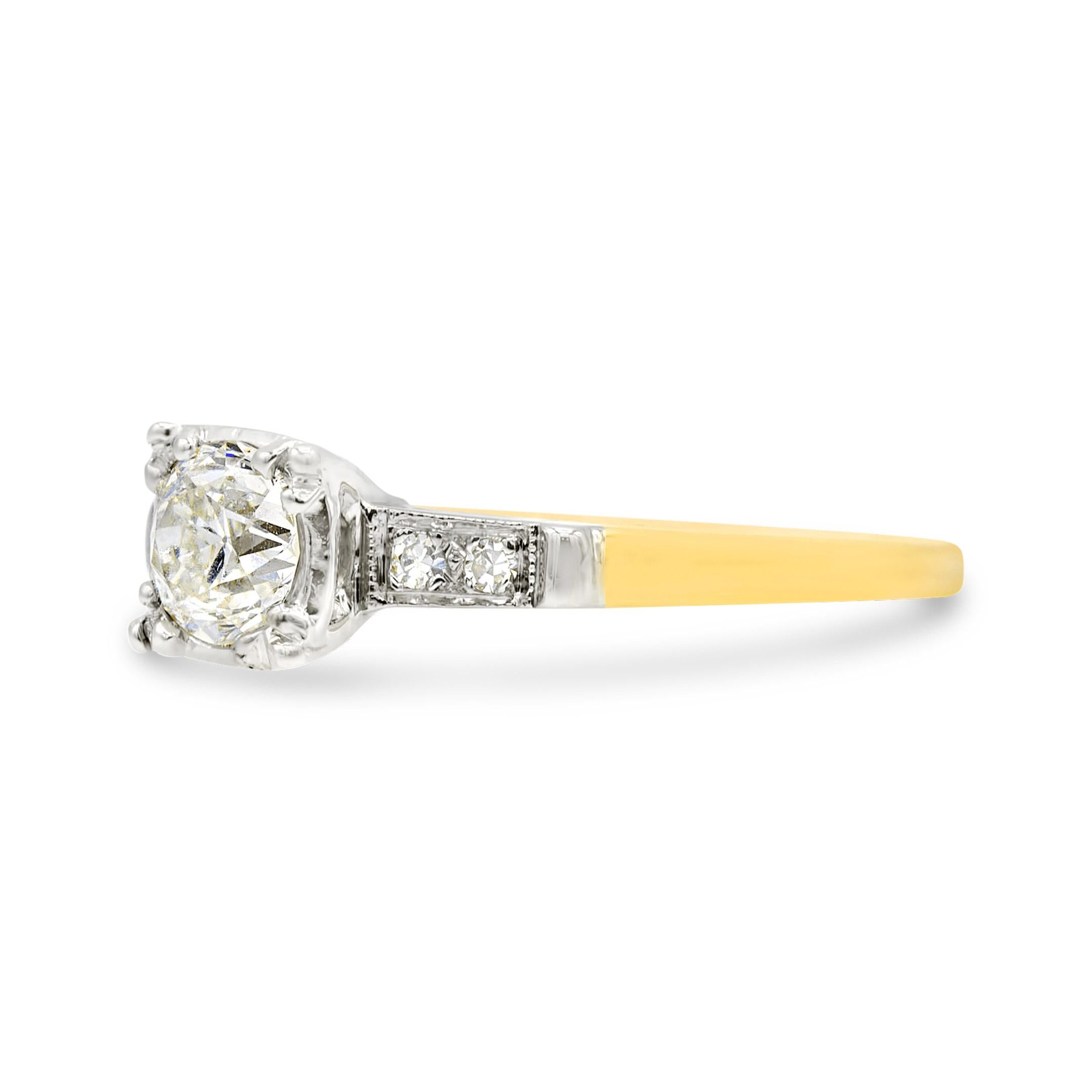 Just a sweet antique diamond in an amazing vintage two-tone setting. The center old Euro weighs in at just a hair over half a carat and has those classic antique proportions we so love in this cut. This ring is a great under one carat engagement