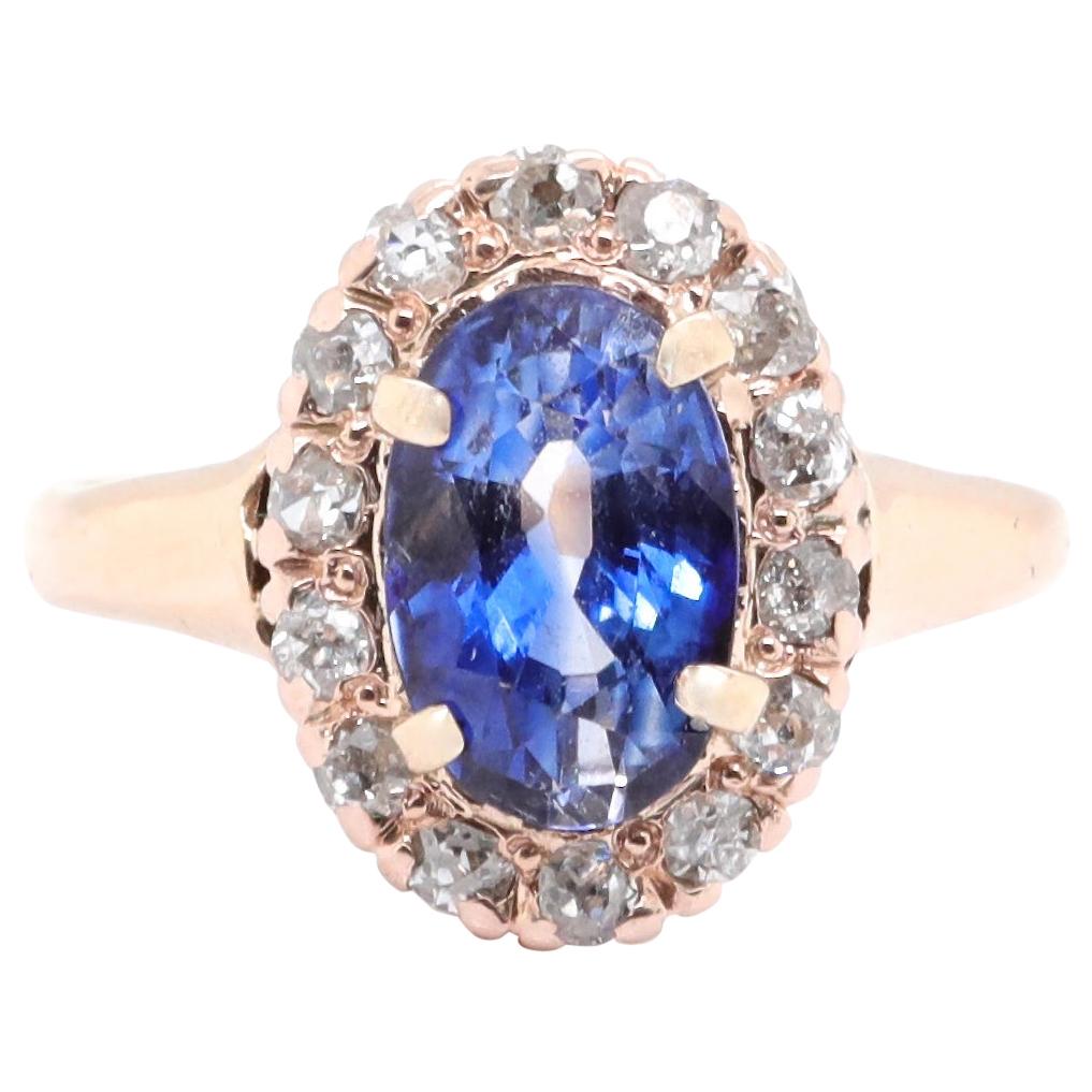 Vintage GIA Ceylon Sapphire Diamond 14 Karat Gold Cluster Ring