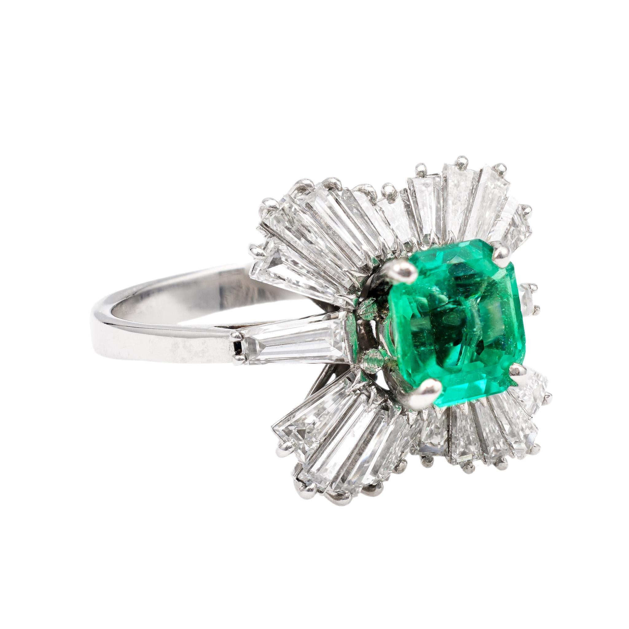 Women's or Men's Vintage GIA Colombian Emerald Diamond Platinum Ballerina Cocktail Ring For Sale