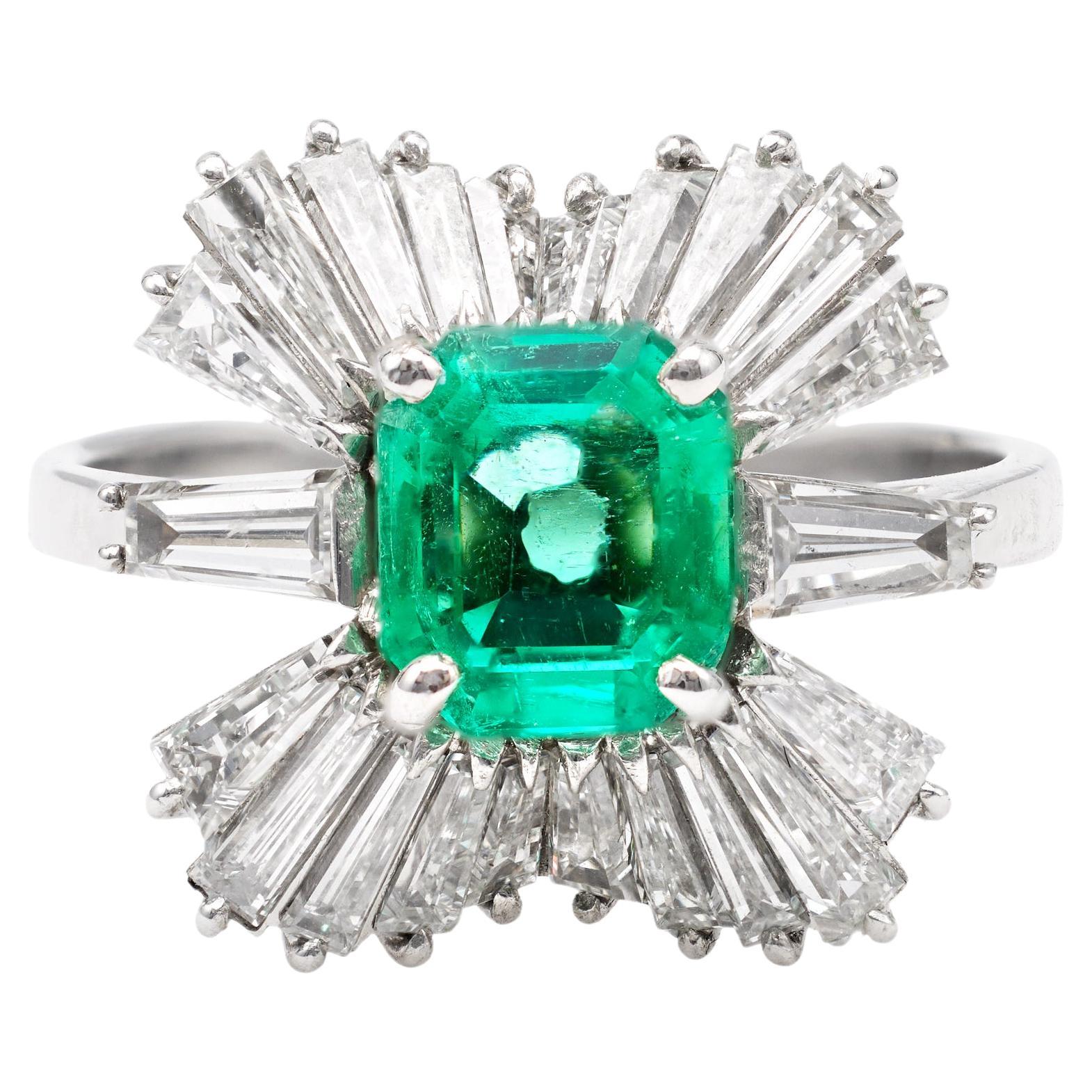 Vintage GIA Colombian Emerald Diamond Platinum Ballerina Cocktail Ring For Sale
